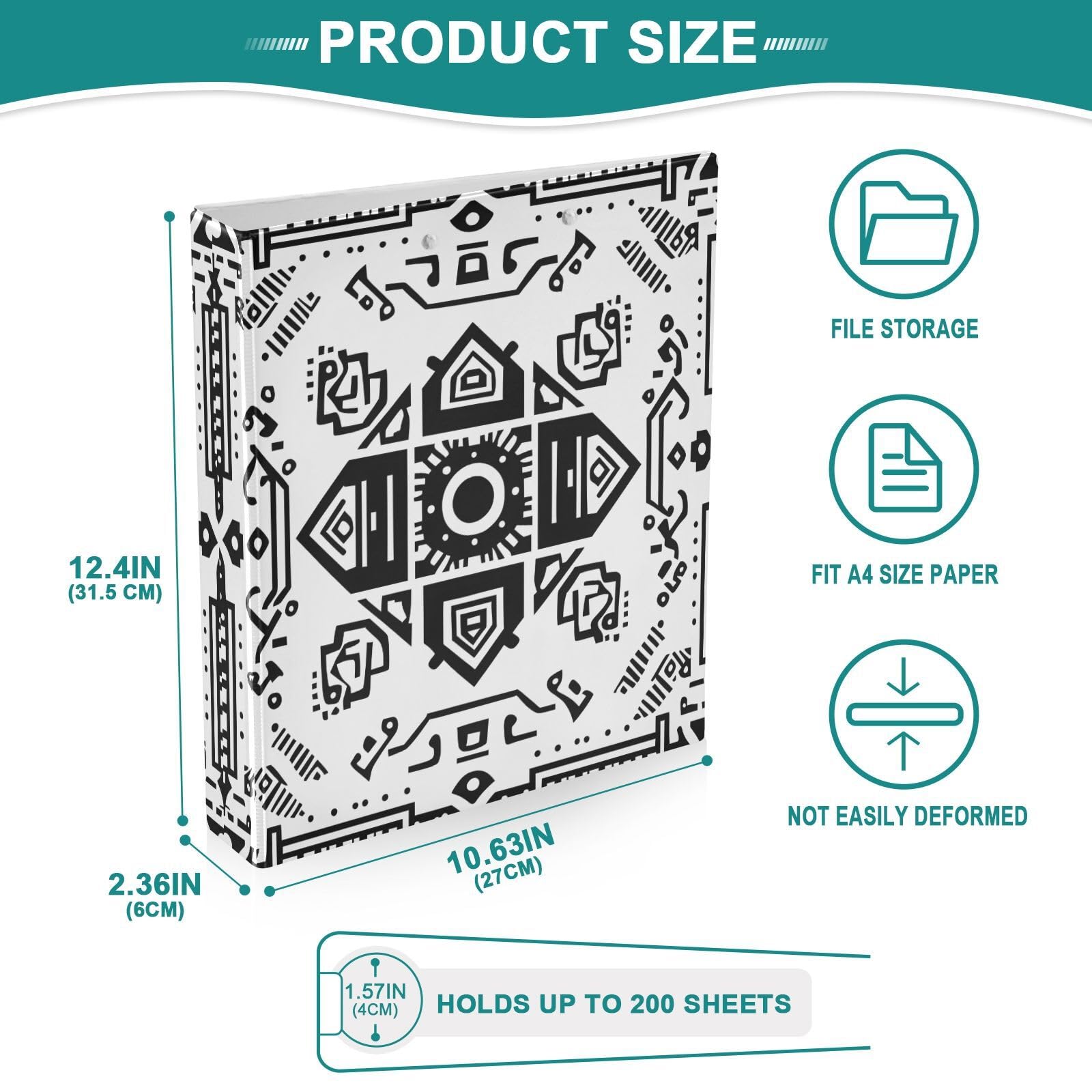 Confezione da 2 raccoglitori a 3 anelli, motivo geometrico azteco, 3,8 cm, con 3 tasche trasparenti, portablocco e contiene 200 fogli, per ufficio, scuola, organizzazione domestica