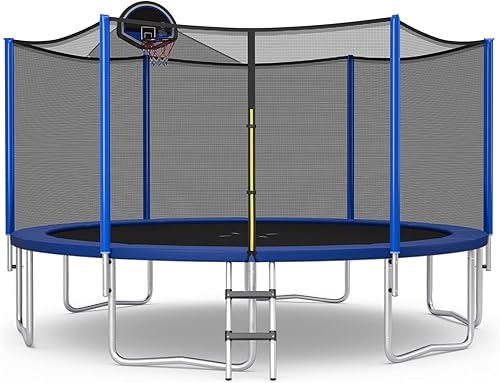 GYMAX Trampoline for Kids, ASTM Approved 12FT 14FT 15FT 16FT Recreational Toddler Trampoline with Enclosure Net, Basketball Hoop, Basketball & Pump,