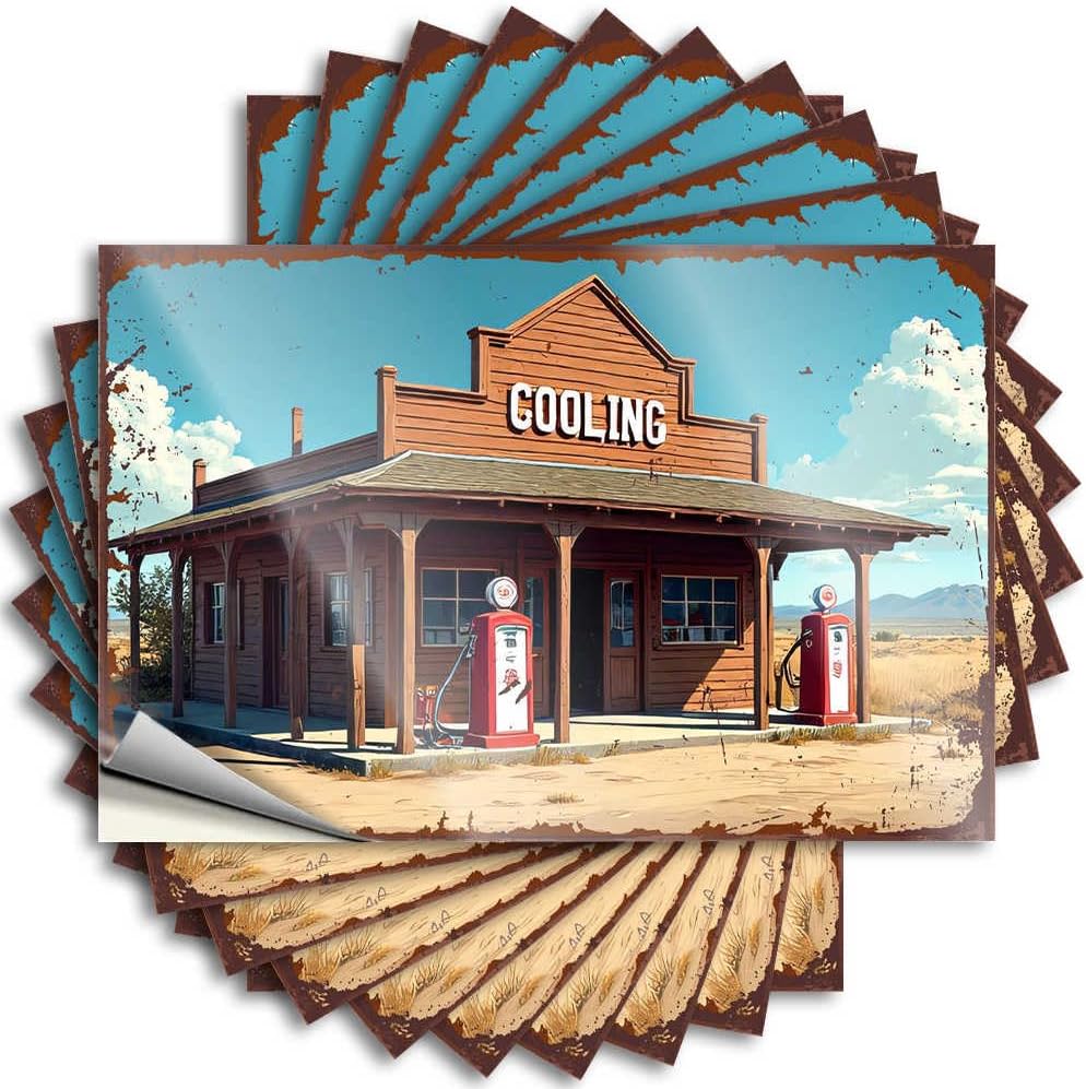 Vintage Western Gas Station with 'Cooling' Sign New Sticker | Funny Desk Decor Waterproof Vinyl Bottle Scooter Removable Decal Peel Stick(6X9CM)