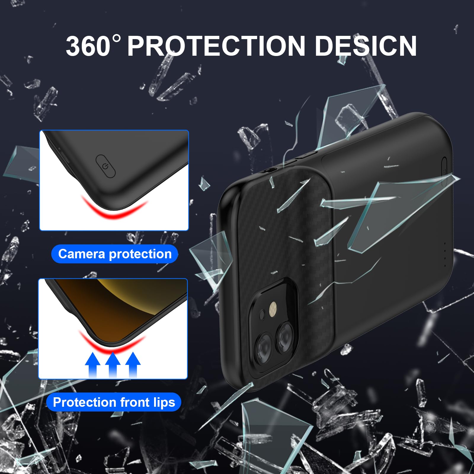 Funda de batería para iPhone 12, 7000 mAh, recargable y resistente, fuente de alimentación de emergencia para iPhone 12/12 Pro (solo compatible con 6.1 pulgadas), con protector de pantalla