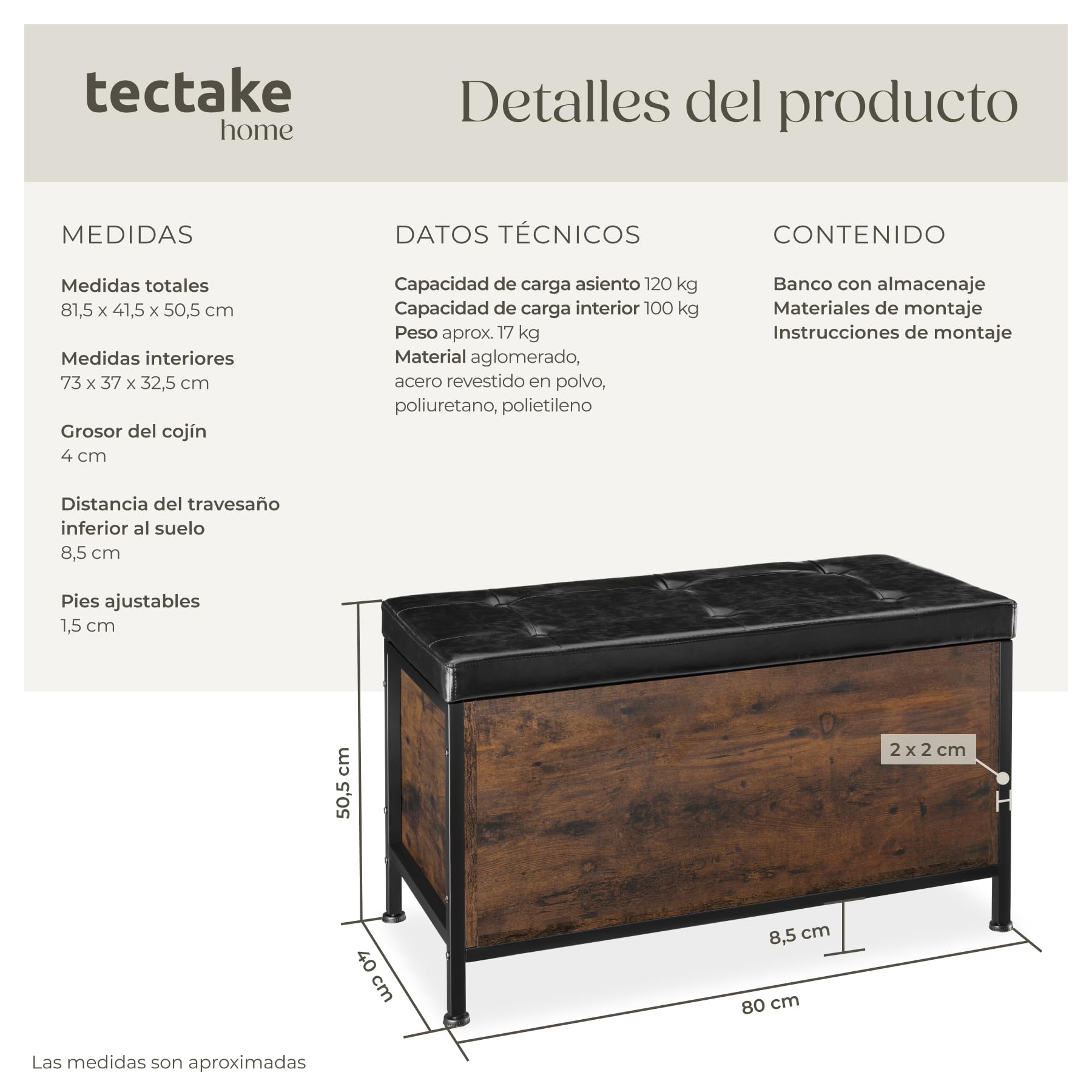 tectake® Arcon Acolchado Estilo Industrial, Puff Almacenaje, Baul Almacenaje Dormitorio, Mueble Salon, Decoracion Habitacion - 81,5 x 41,5 x 50,5 cm Madera Industrial Oscura, Rústica