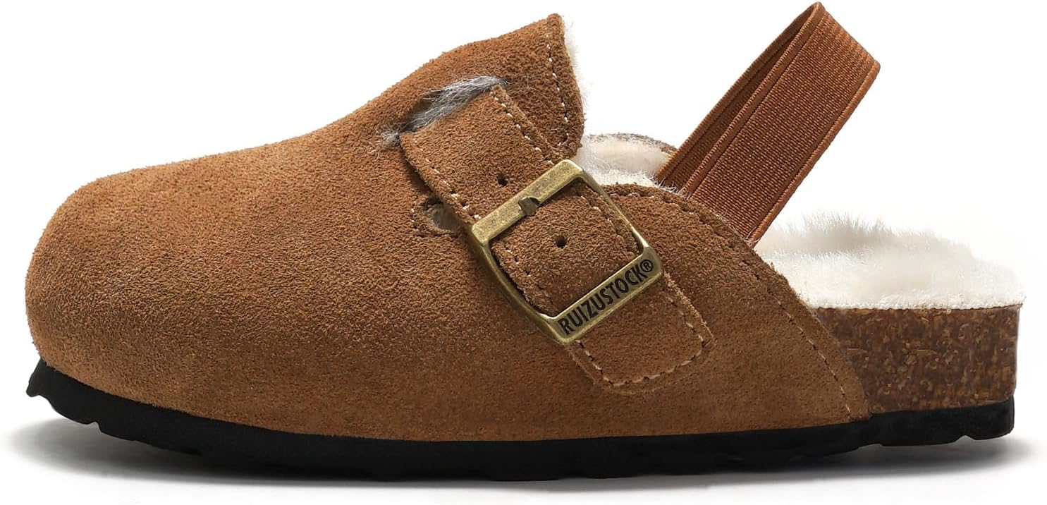 Kids Suede Clogs Fur Lined Toddler Clogs Boys Girls Sandals Fuzzy Cork Footbed with Arch Support Adjustable Buckle Mules Kid Slippers Winter Flat Shoes