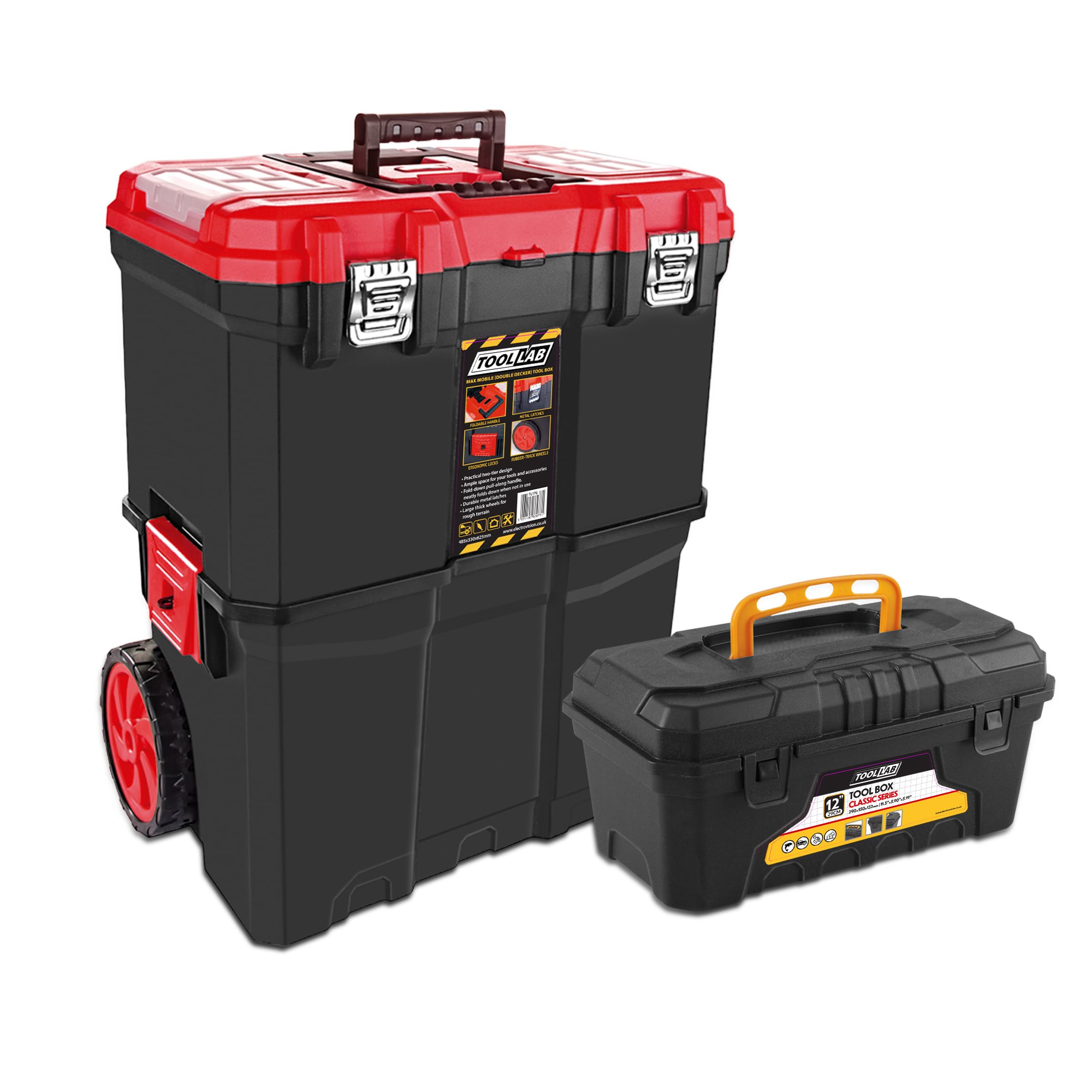 Tool Lab Mobile Rolling Tool Box Kit - 2-Tier Stacking with Pull-Along Handle, Metal Latches, Rugged Wheels, and 12" Tool Box For Workshop, Home and Work - Durable and Portable Storage Solution Red