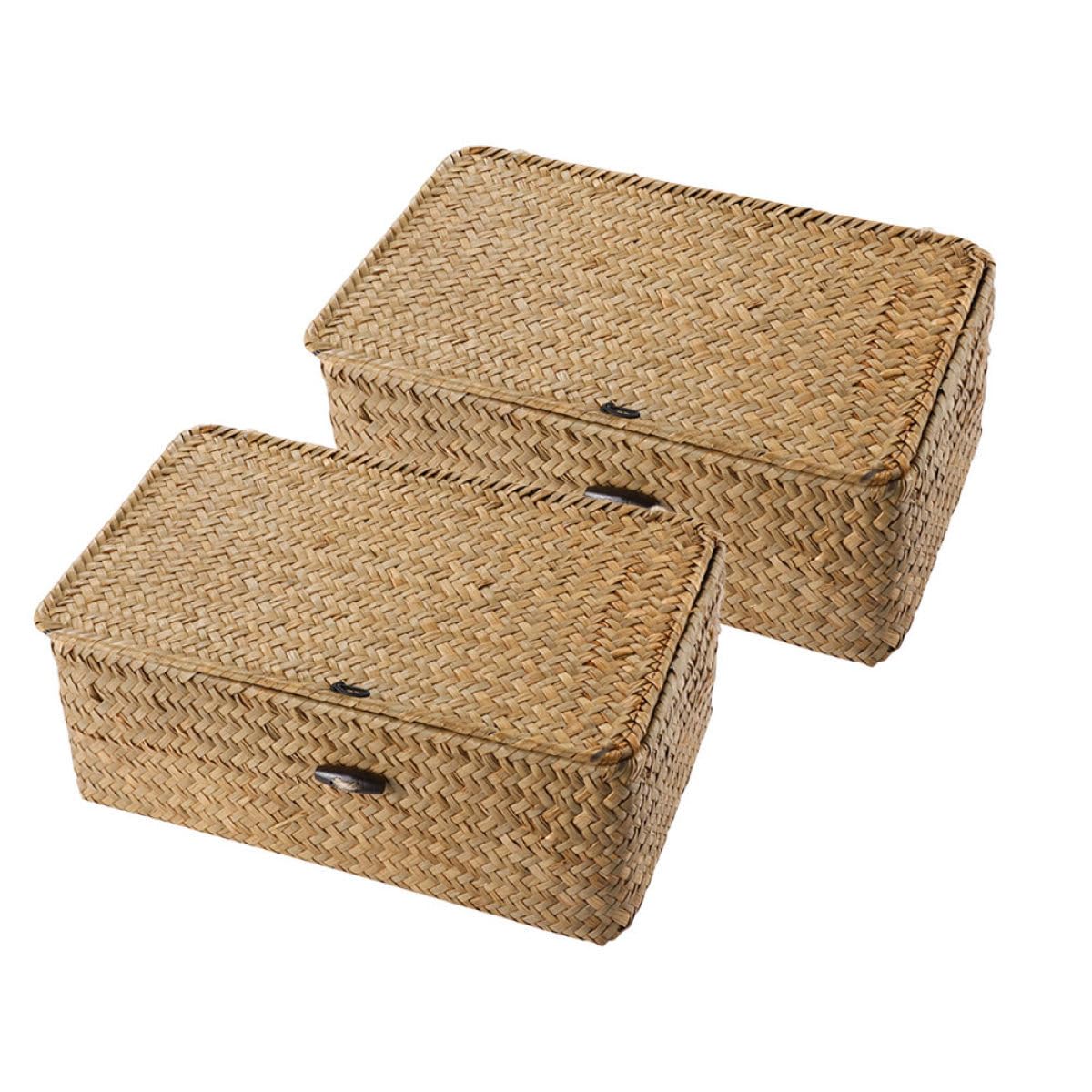 Ciieeo 2piezas Cajas De Almacenamiento De Natural Con Tapa De Cesto Organizador De Playa Para Juguetes y Ropa Mediano