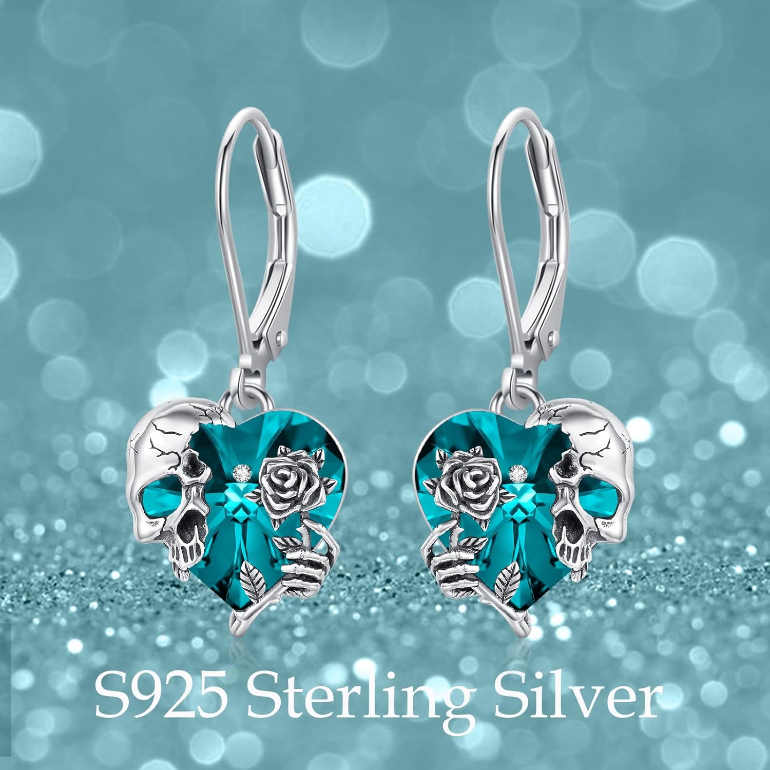 Rose Skull Earrings S925 Sterling Silver Heart Crystal Birthstone Dangle Drop Earrings Hypoallergenic Gothic Skull Leverback JJewelry Gift for Mom Daughter Wife - Image 6