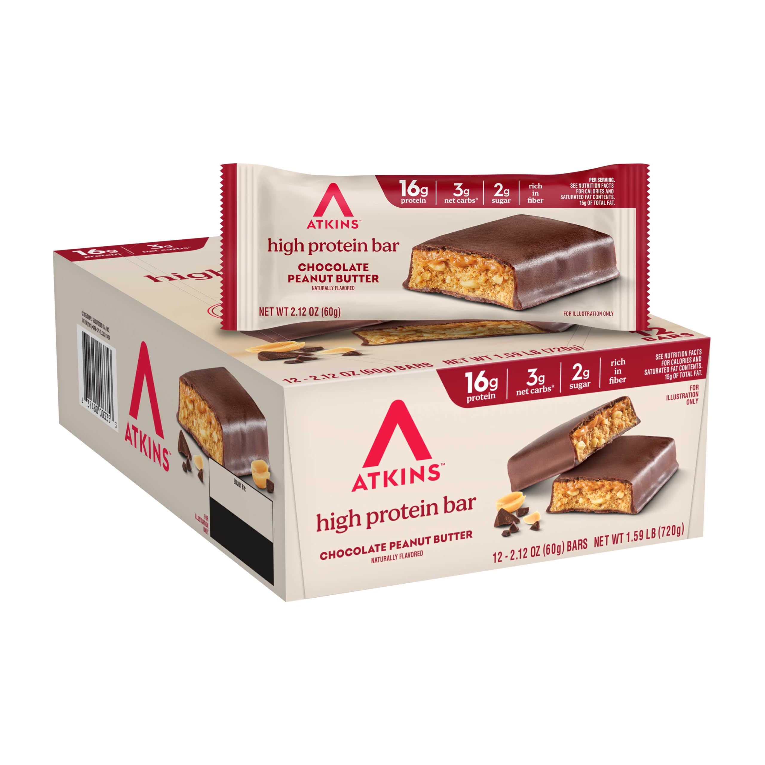 Atkins Chocolate Peanut Butter High Protein Bar, 16g Protein, 12 Count