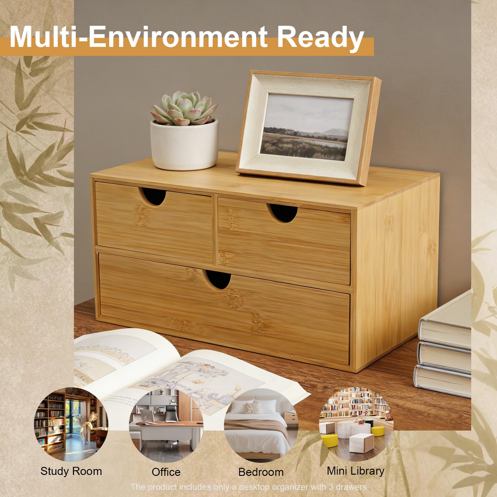 Bambus Schreibtisch Organizer mit Schubladen Schubladenbox Bambus Mini Kommode, einteiliges Design, Regalkasten Schminkkasten mit 3 Schubladen für Büro Wohnzimmer und Schlafzimmer