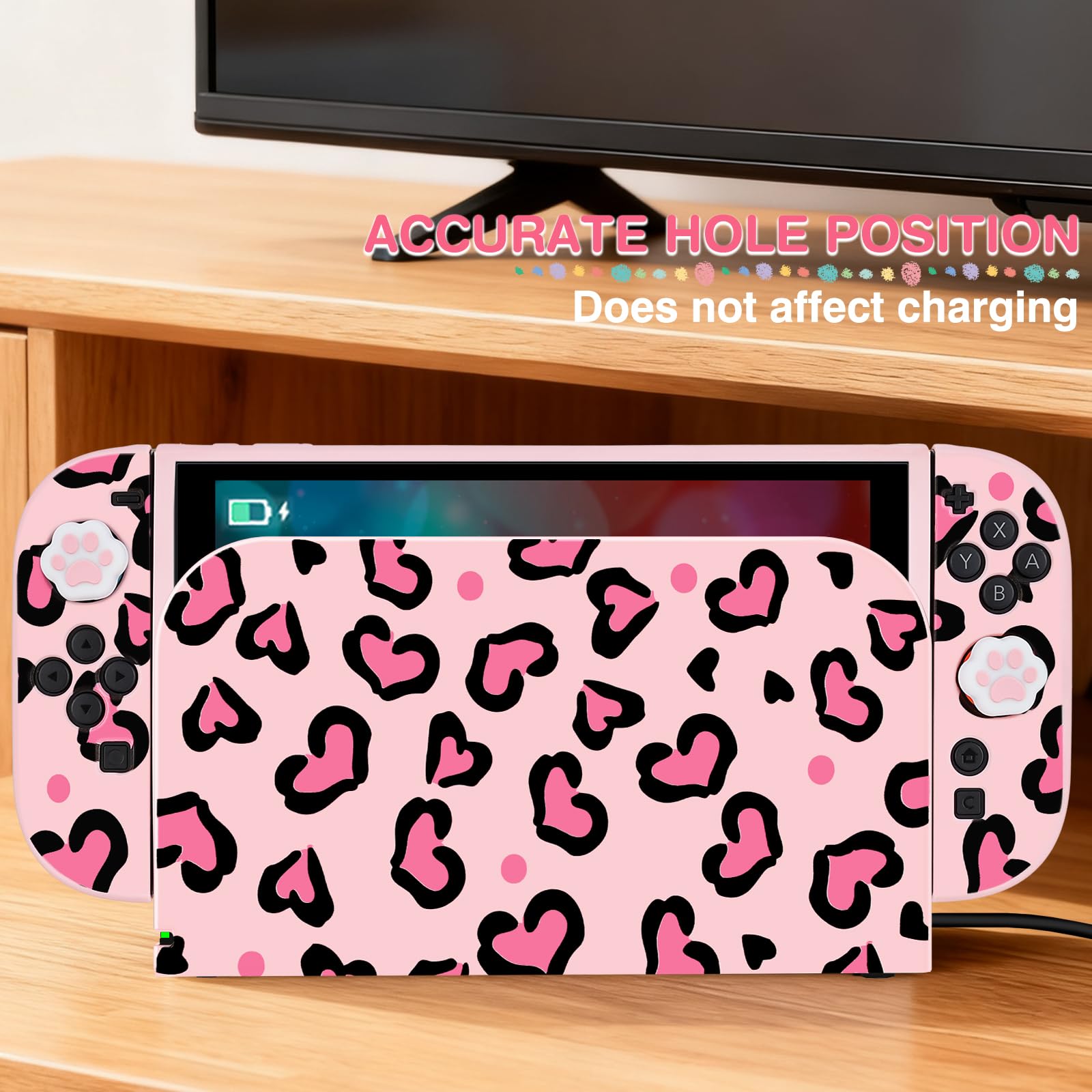DLseego Protective Case Compatible with Switch 2,Heart Leopard TPU Dockable Soft Cover with Switch 2 Dock Case,Handle Cover and 4PCS Thumb Grips,Pink — view 5