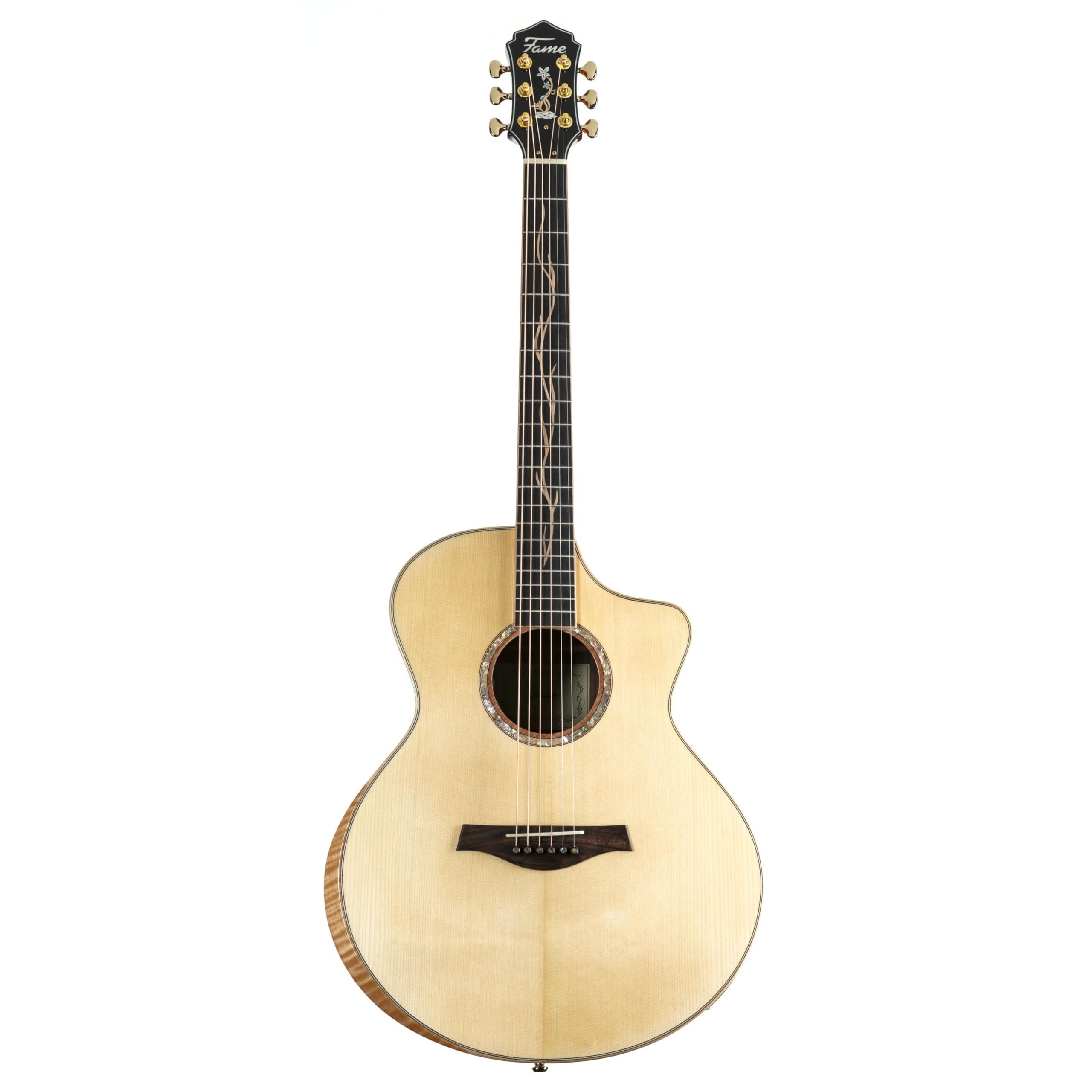 Fame Rosewood Deluxe Westerngitarre, Grand Auditorium, Fichte Massive Decke, Palisander Boden und Zargen, Mahagoni Hals, Ebenholz Griffbrett, kompatibel mit Tonabnehmersystem