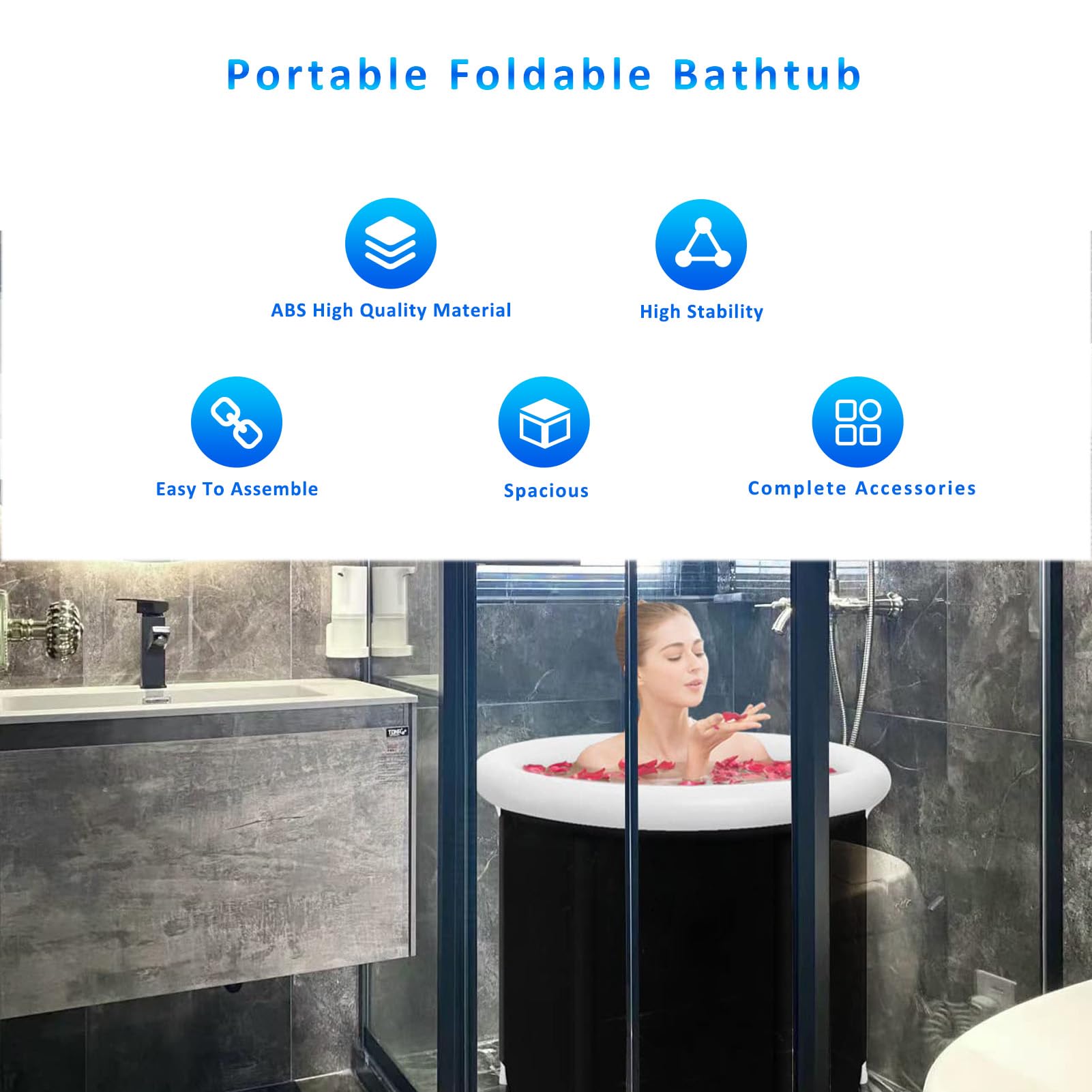 Vasca bagno pieghevole portatile nera, design ergonomico, vasca bagno gonfiabile con anello d'aria, altezza 75 cm, diametro 85 cm, cabina di immersione in acqua fredda, adatta per bagni di