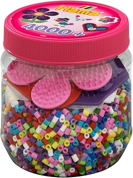 HAMA Fuse Beads, 4,000 Midi Beads & Pegboards in Pink Tub - Creative Play Set for Children, Boys Girls Ages 5+