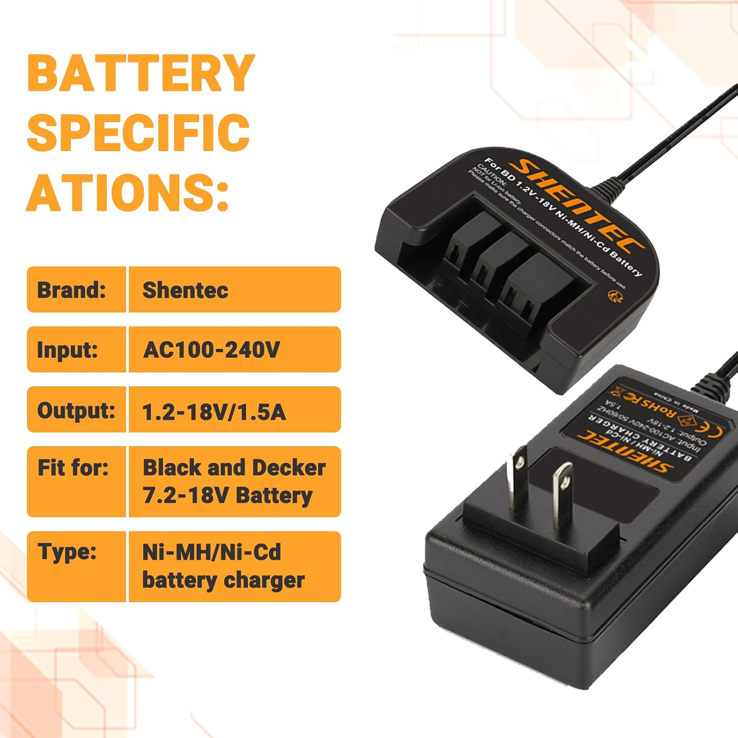 1.2V-18V Battery Charger Compatible with Black and Decker | 7.2V 9.6V 12V 14.4V 18V Ni-MH/Ni-Cd Slide Style Batteries