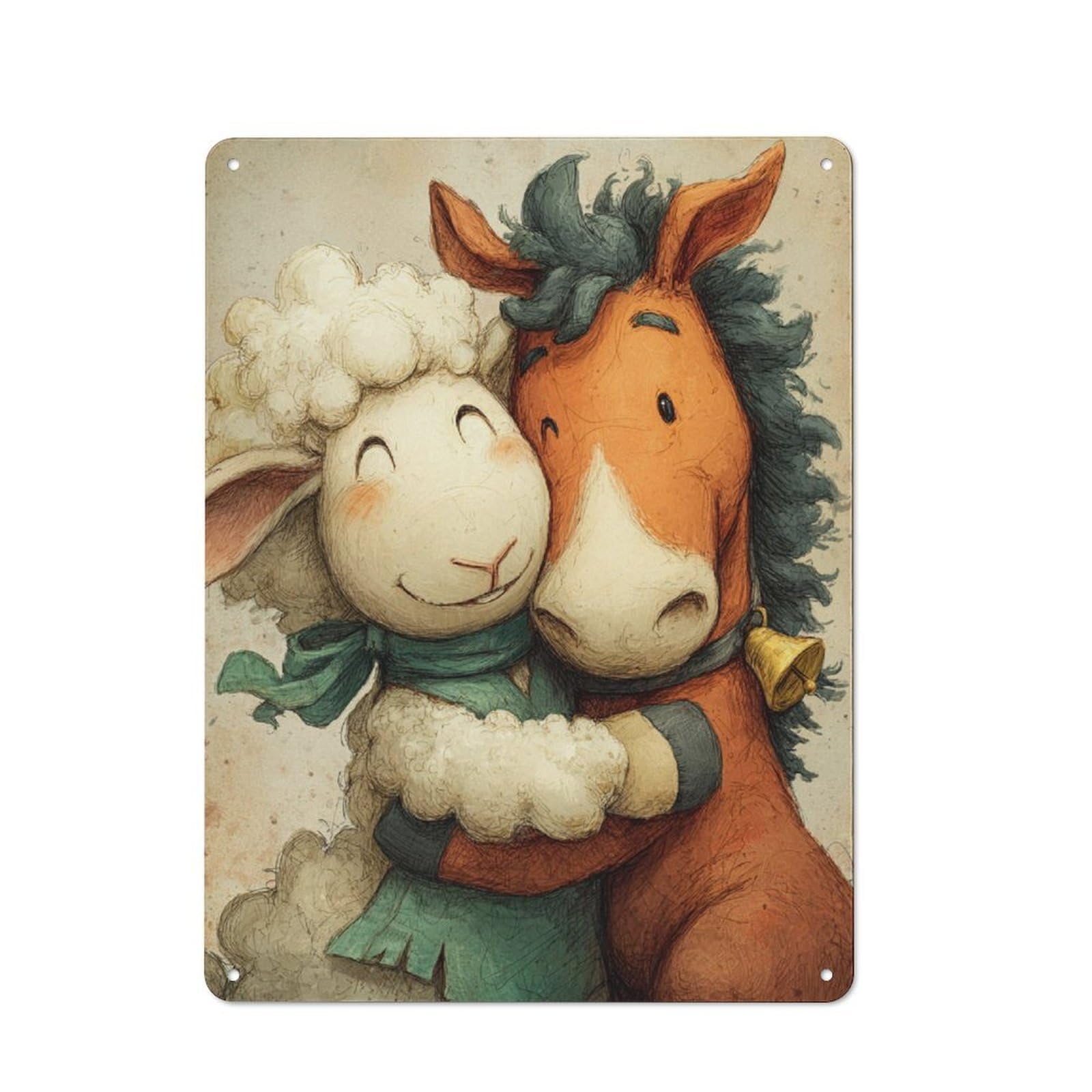Nostalgic Decorative Tin Plaque 40x30cm Featuring Horse And Sheep Embrace, Classic Pub Decor for Cafe, Pub, Workshop Or Home Bar