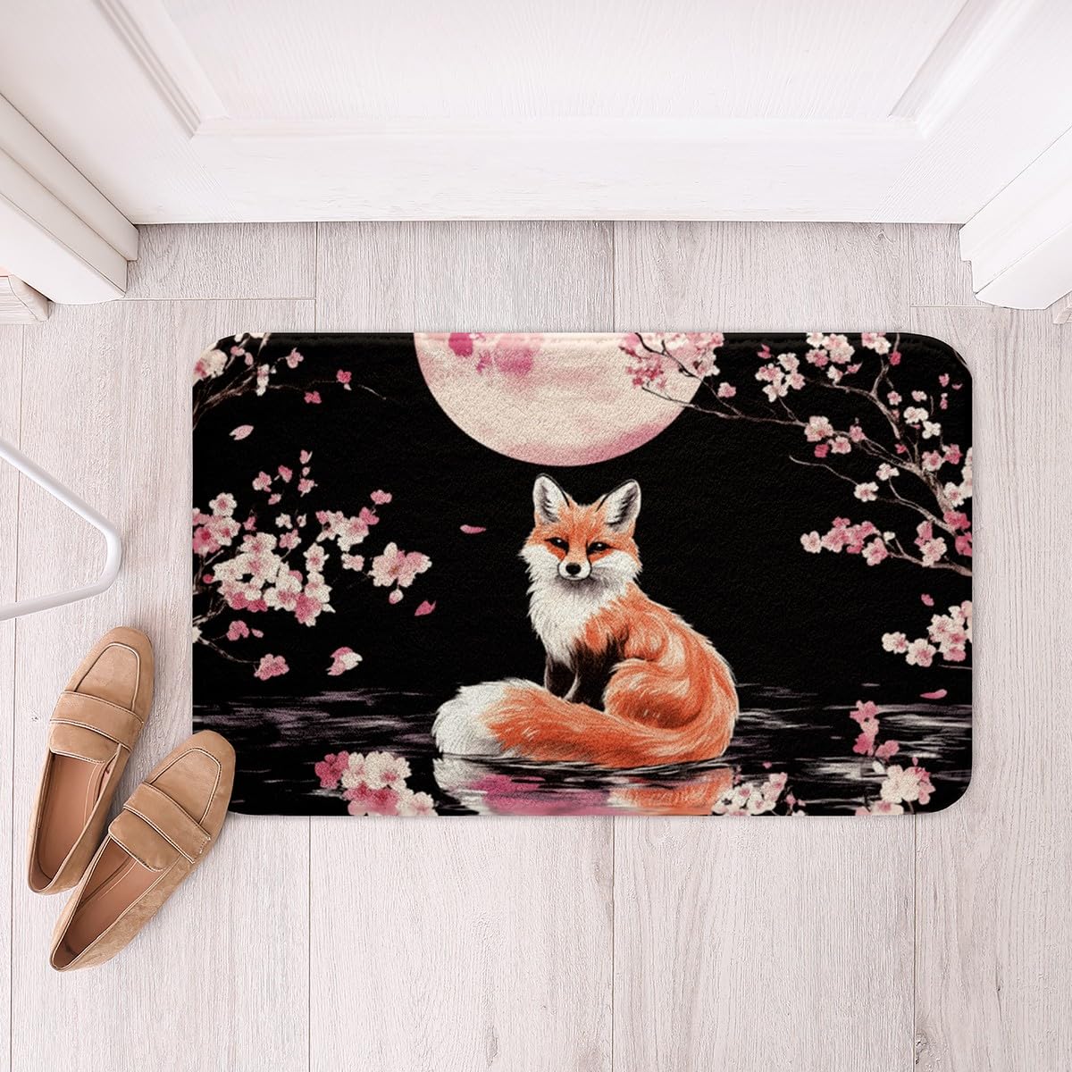 Feelyou Japanese Cherry Blossom Fox Polyester Bath Rug,Cute Animal Fox Soft Fleece Door Carpet,Sakura Fox Non Slip Bath Mat,Soft Bathroom Floor Indoor