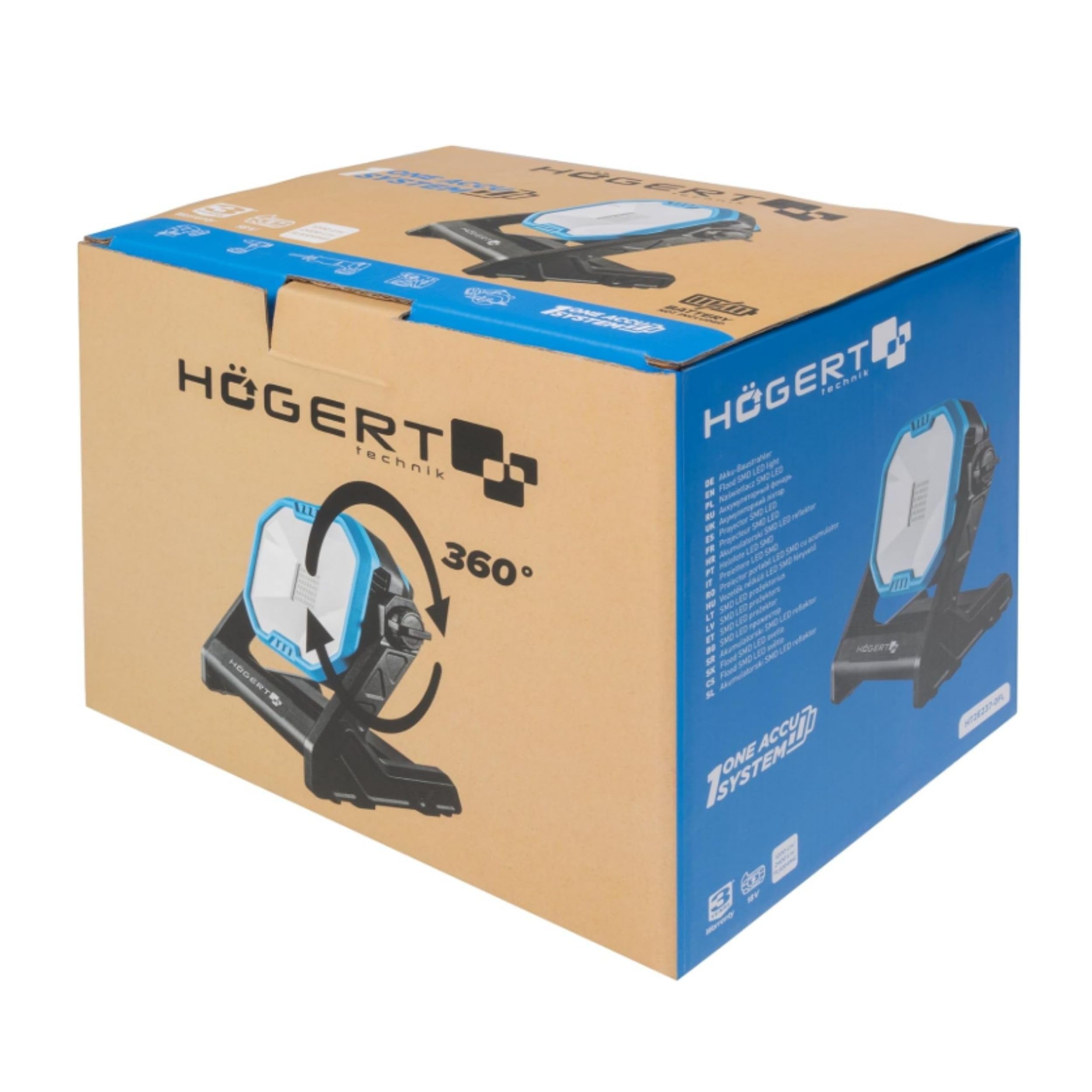 HÖGERT TECHNIK Akumulatorowy reflektor budowlany 18 V, SMD LED reflektor, 2400 lm, obracany o 360°, 3 tryby świecenia, 6500 K, czas pracy do 7 h, zasilanie bateryjne/sieciowe, lekki i wszechstronny,