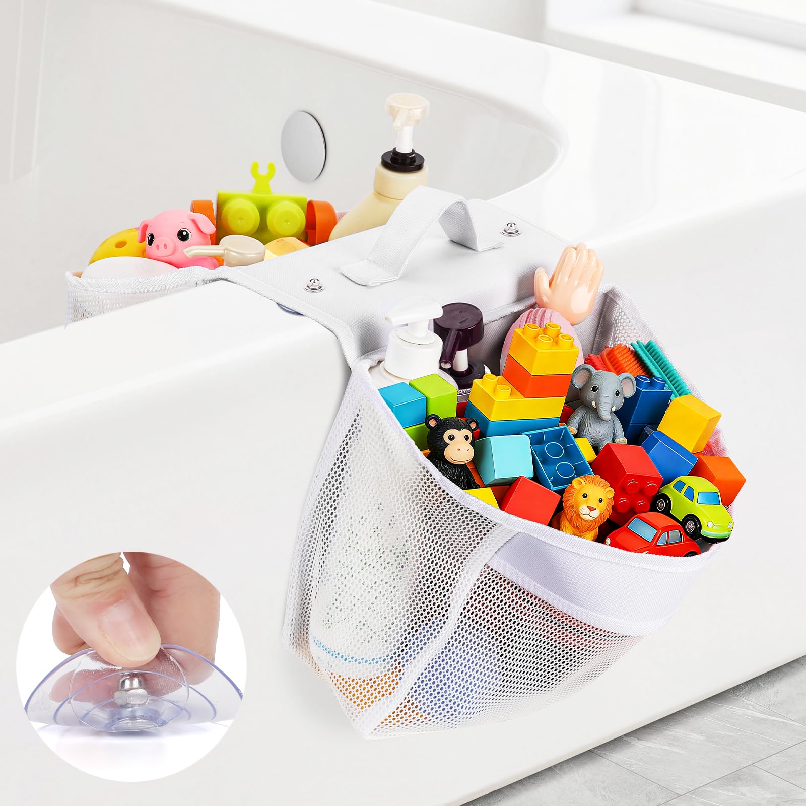 Playexen Saddle Shape Bath Toy Organizer with 2 Suction Cups & 8 Removable Adhesive, Bathtub Toys Supplies Holder with 2 Compartments, Mesh Bath Toys Tub Accessories Holder for Toiletries