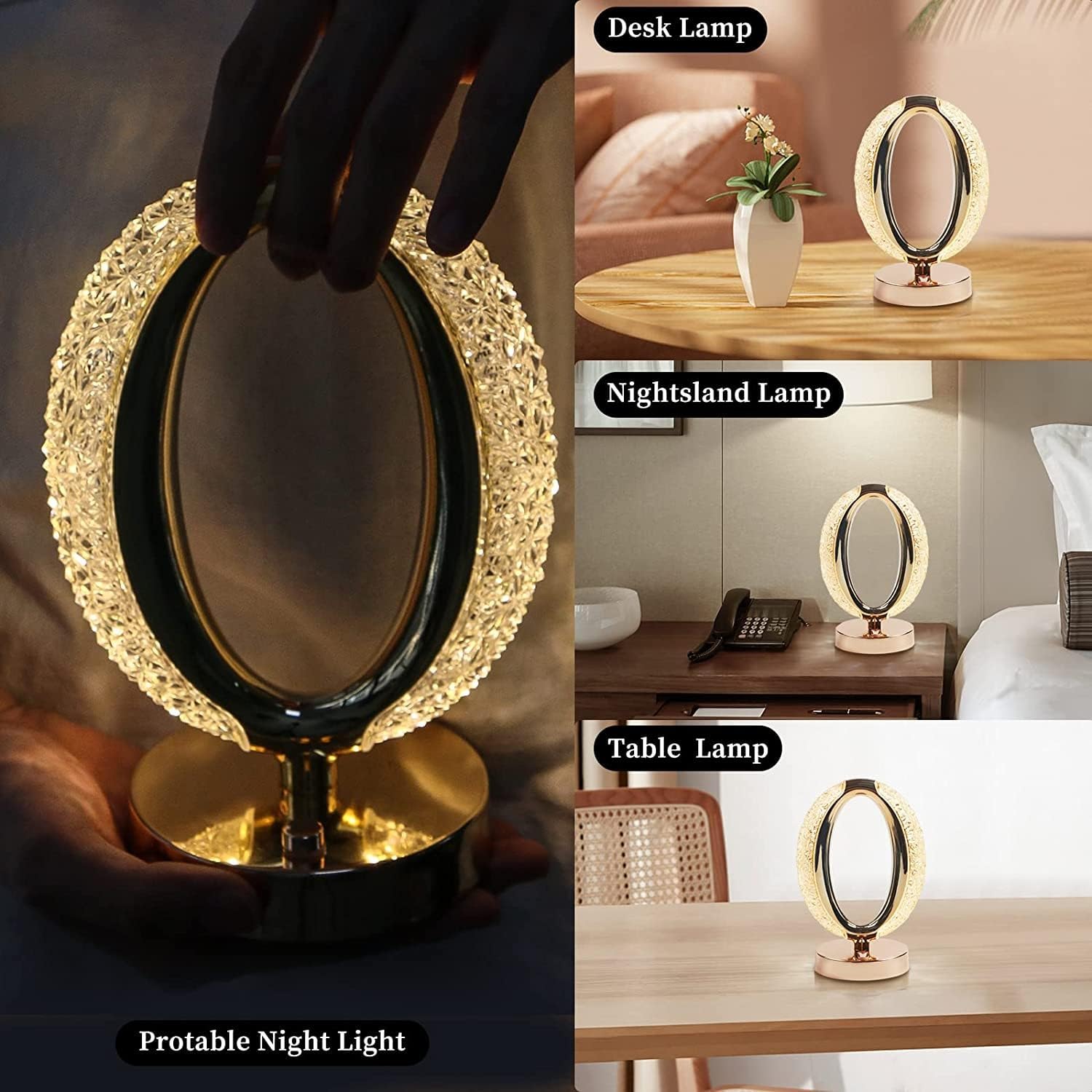 VENEXA Crystal Table Lamp | Touch Control Lamp with 3 Color | Metal Bedside Lamp for Kids Bedroom Romantic Desktop Nightstand | Stepless Dimming USB Charging Touch Night Light (Oval New) 2