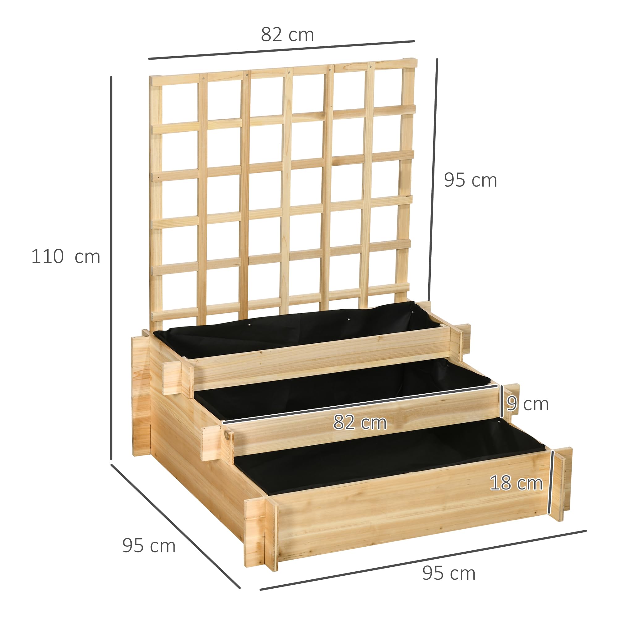 Outsunny Fioriera da Esterno a 3 Livelli con Grigliato in Legno di Abete e Tessuto non Tessuto, 95x95x110 cm, color Legno