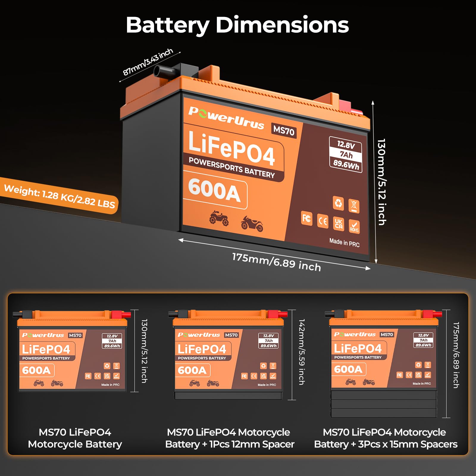 Batteria al Litio per Moto, Batteria PowerUrus al Litio LiFePO4 da 12 V con BMS 12,8 V 7 Ah 600 CCA YTX4L-BS Batterie di Avviamento per Moto LiFePO4 per ATV, UTV