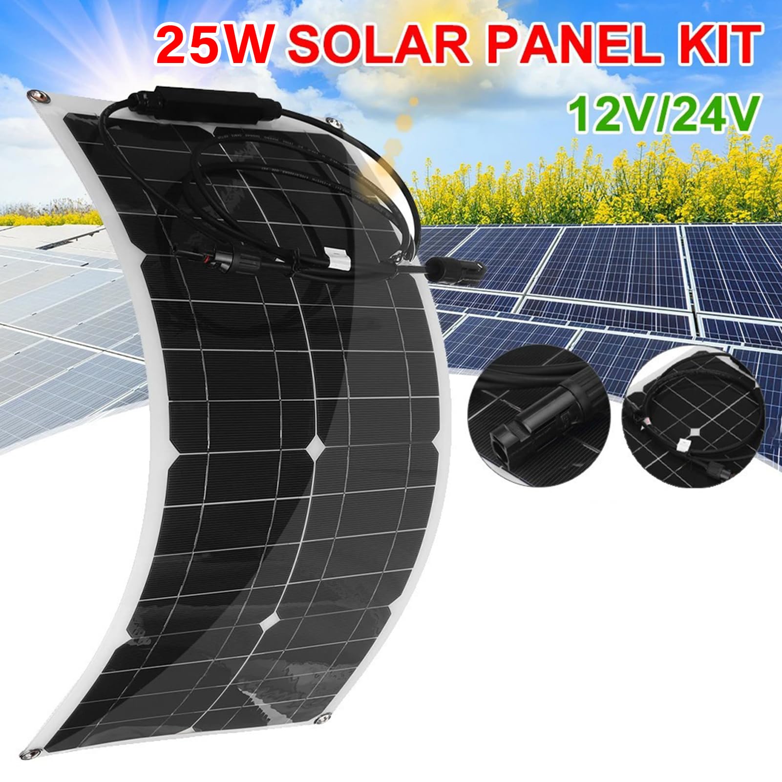 Pannello solare monocristallino flessibile da 25 W, 12 V, pannello solare portatile da 25 W, efficienza di conversione del 23%, alimentatore flessibile per camper, campeggio, yacht, barca, avventure
