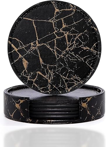 Posavasos con diseño de mármol negro para bebidas, posavasos redondos de piel sintética con soporte, 6 unidades, resistentes al calor, decoración