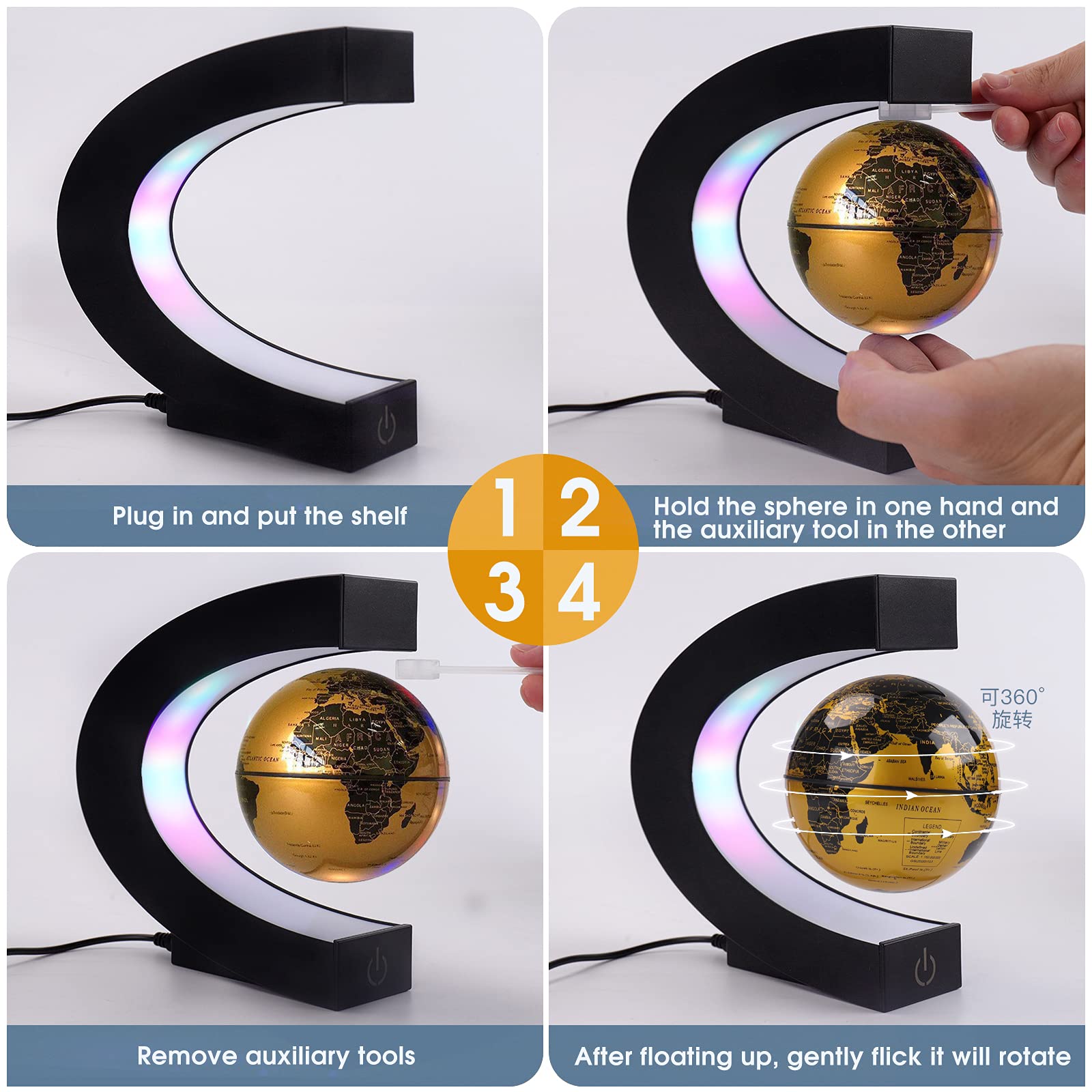 Magnetischer Schwimmender Globus mit farbigen LED-Lichtern C-Form Anti-Schwerkraft-Magnetschwebebahn Rotierende Weltkarte für Geschenk Home Office Schreibtischdekoration (Mit Schalter, Gold)