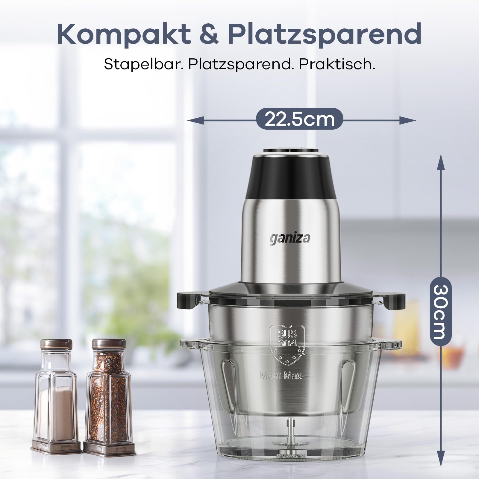 Ganiza Zerkleinerer Küche Elektrisch, Food Processor, Fleischwolf mit 2 Schüsseln(1.8L+1.8L), 2 Doppelklingen, 2 Geschwindigkeitsstufen, Multizerkleinerer Elektrisch für Fleisch, Gemüse, Nüsse