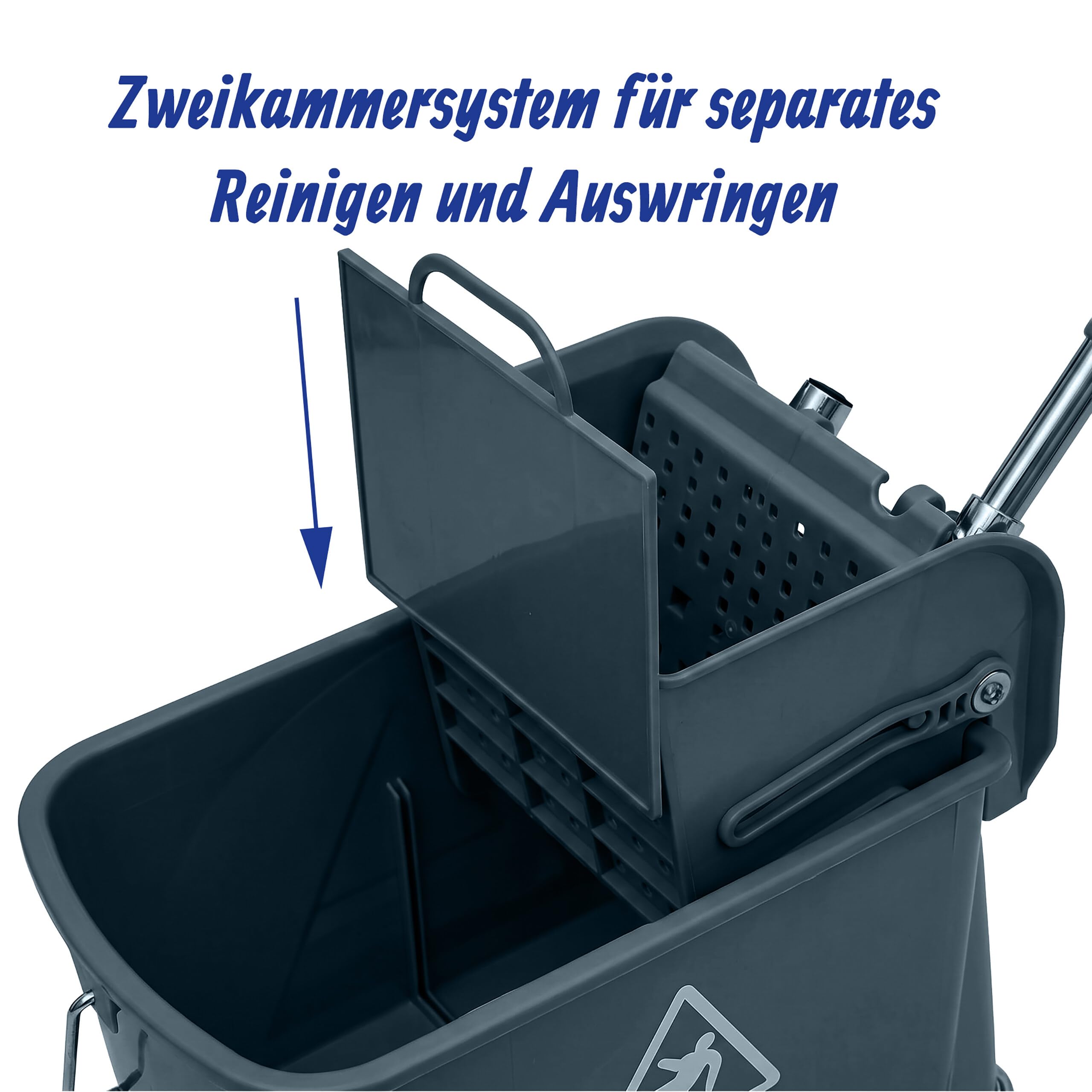 Relaxdays Reinigungswagen, 2-Kammer-System, Putzwagen mit Presse, Mopphalter, HBT: 66x44x28 cm, Wischwagen, PP, grau