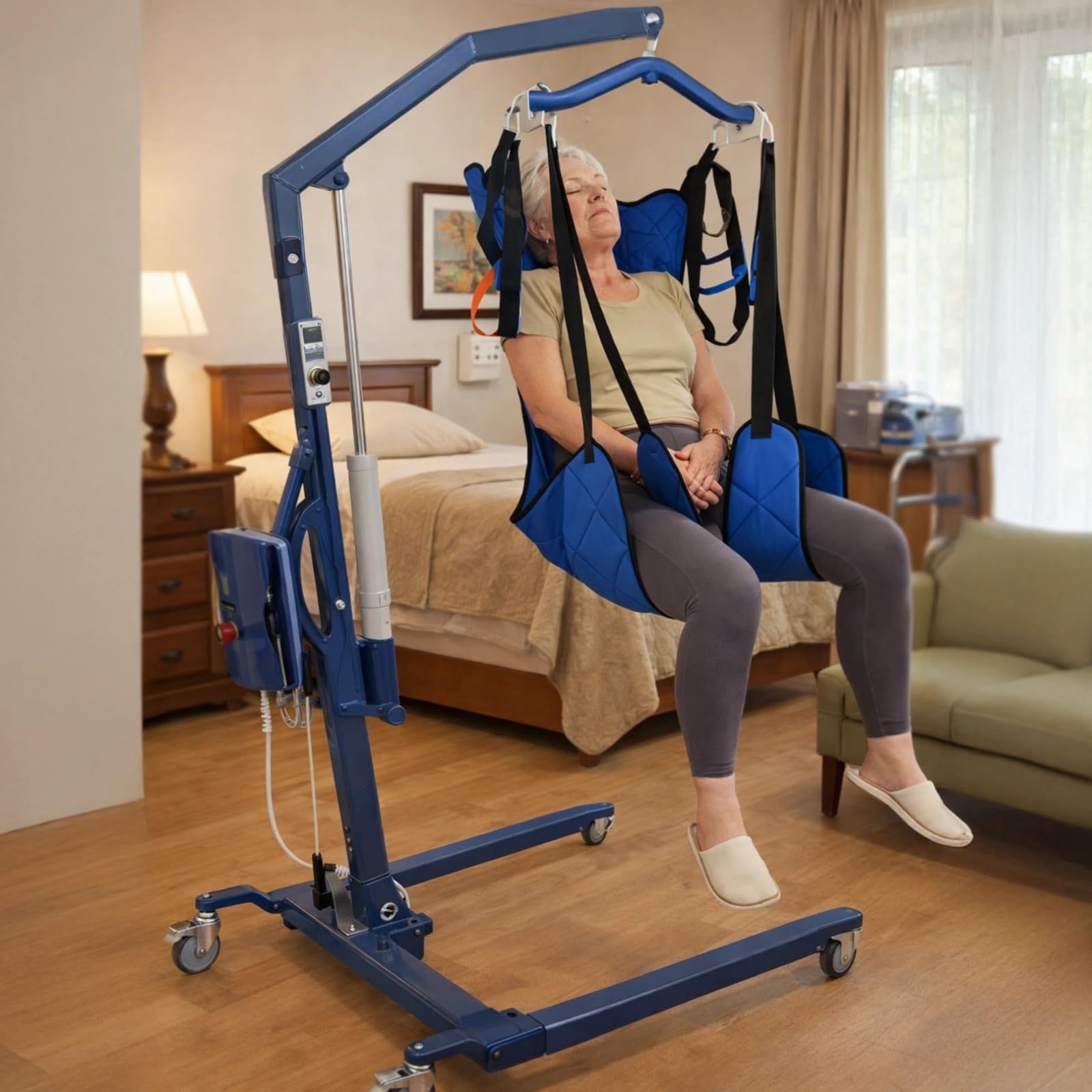Imbracatura per sollevamento paziente con fascia per gambe e supporto per la testa, aiuto per il trasferimento di tutto il corpo per uso domestico, tessuto in poliestere a copertura completa, grande