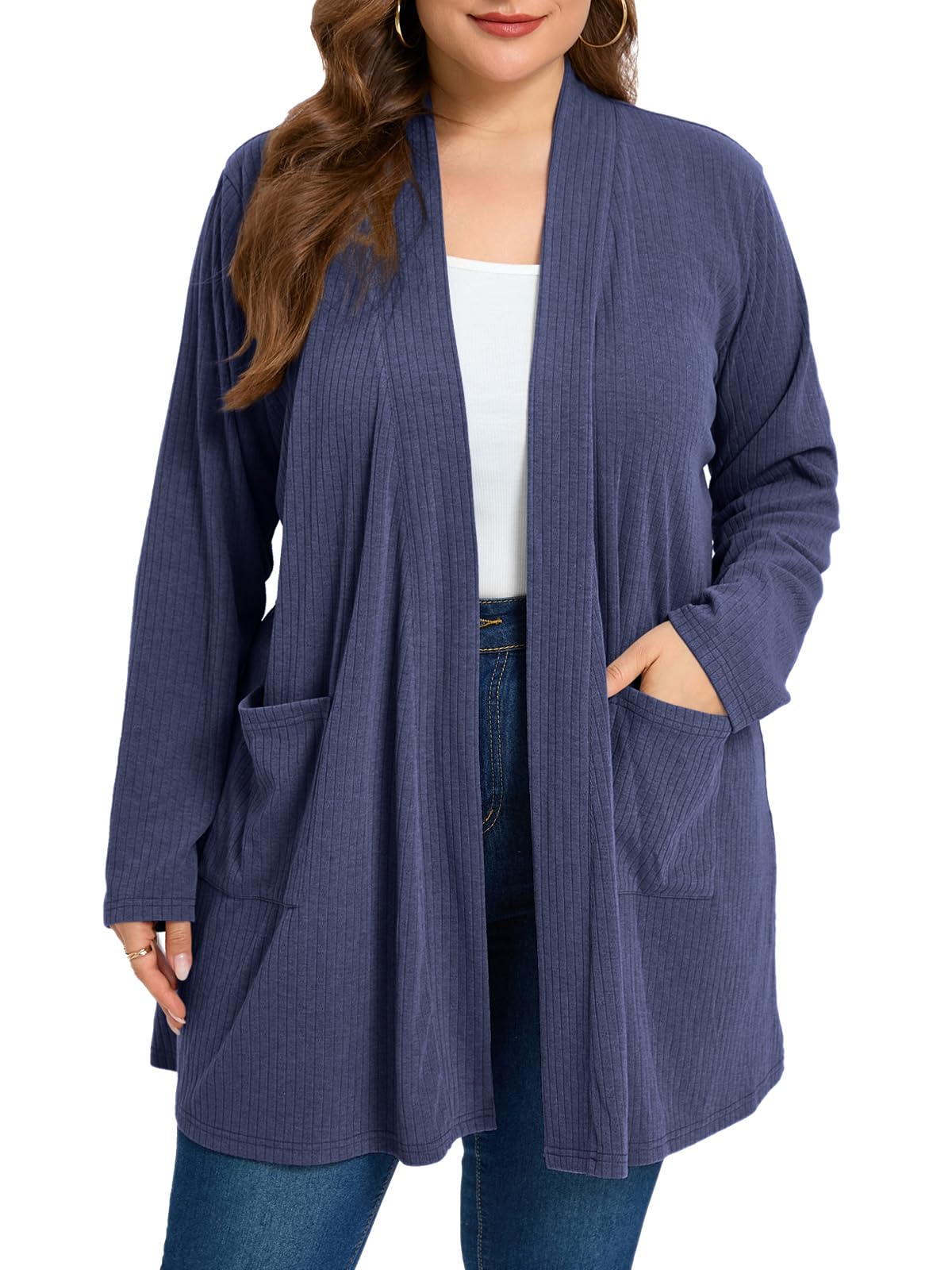 Womens Plus Size Cardigans Sweaters Casual Lightweight Open Front Cardigan Long Sleeve Tops with Pocket