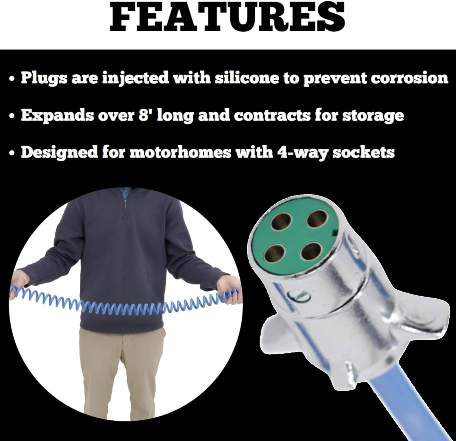 Roadmaster 1644 Flexo-Coil Power Cord 4-Wire with Plugs, Sockets, & Socket Bracket Included | Designed for Motorhomes with 4-Way Sockets | Durable Construction | Water, Oil, & Chemical Resistant