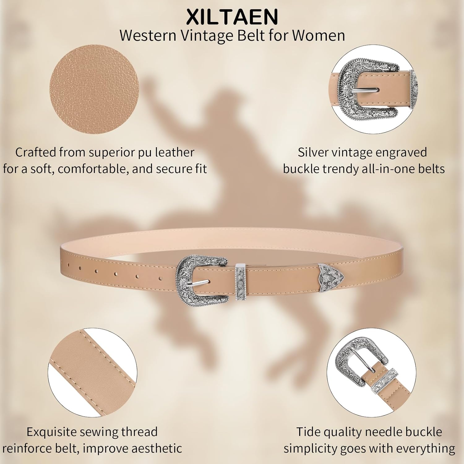 Western Belt for Women Cowgirl Cowboy Adjustable Belt for Jeans Pants with Silver Vintage Engraved Buckle - Image 4