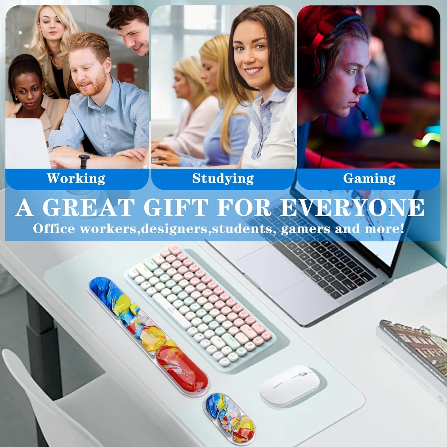 Keyboard and Mouse Wrist Rest, Silicone Gel Ergonomic Mouse Pad with Wrist Rest Set, Gaming Mousepad Arm Cushion Support for Computer Office Desk Accessories (Clear Gel Colorful - 2)