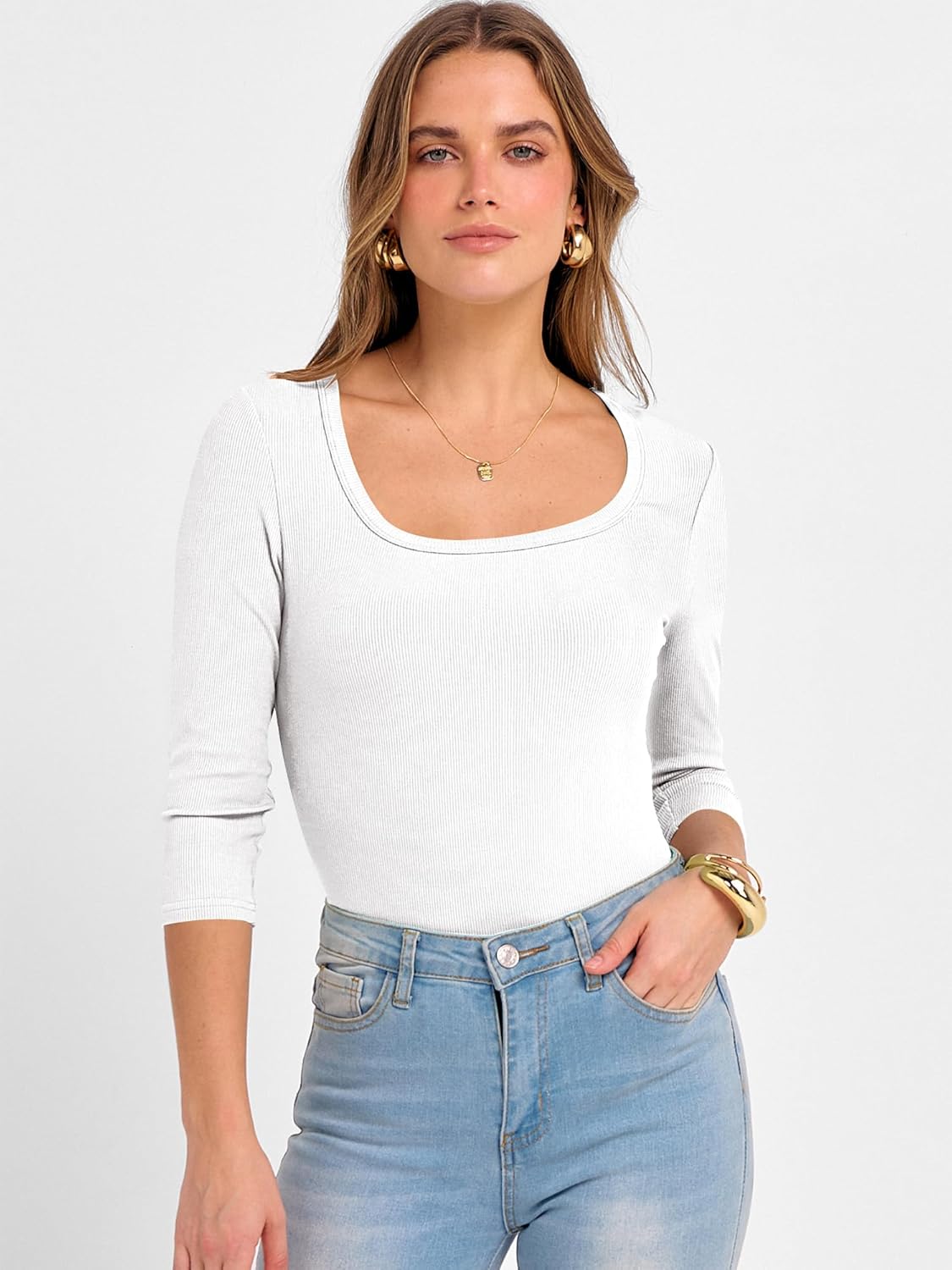 ANRABESS Womens 3/4 Sleeve Scoop Neck Tops Ribbed Knit Slim Fitted Casual Basic Tee Shirts 2025 Fall Trendy Going Out T-Shirt - Image 2