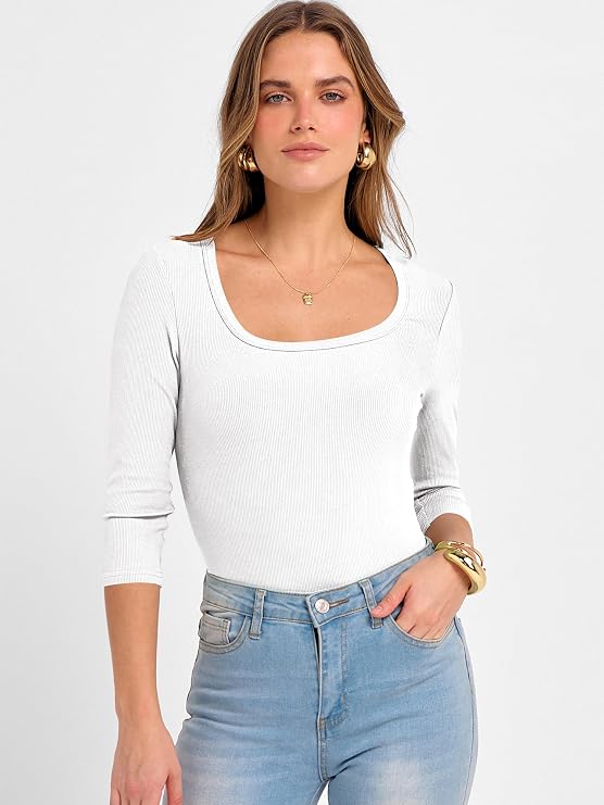 ANRABESS Womens 3/4 Sleeve Tops Scoop Neck Fitted Ribbed Tee Shirts
