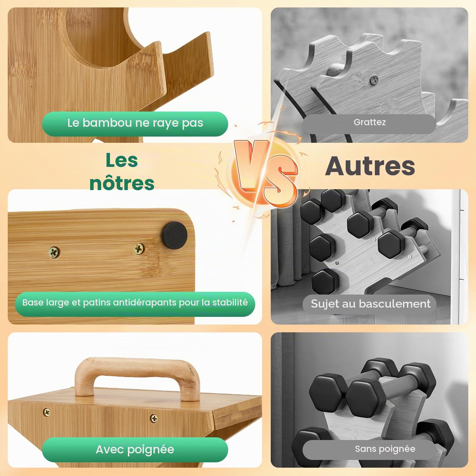 Support d'haltères en Bois 4 niveaux, Rack de Poids en A pour Haltères de 3 à 6 kg, Support de Fitness peu Encombrant avec Poignée de Transport, Organiseur de Rangement pour Salle de Sport à Domicile