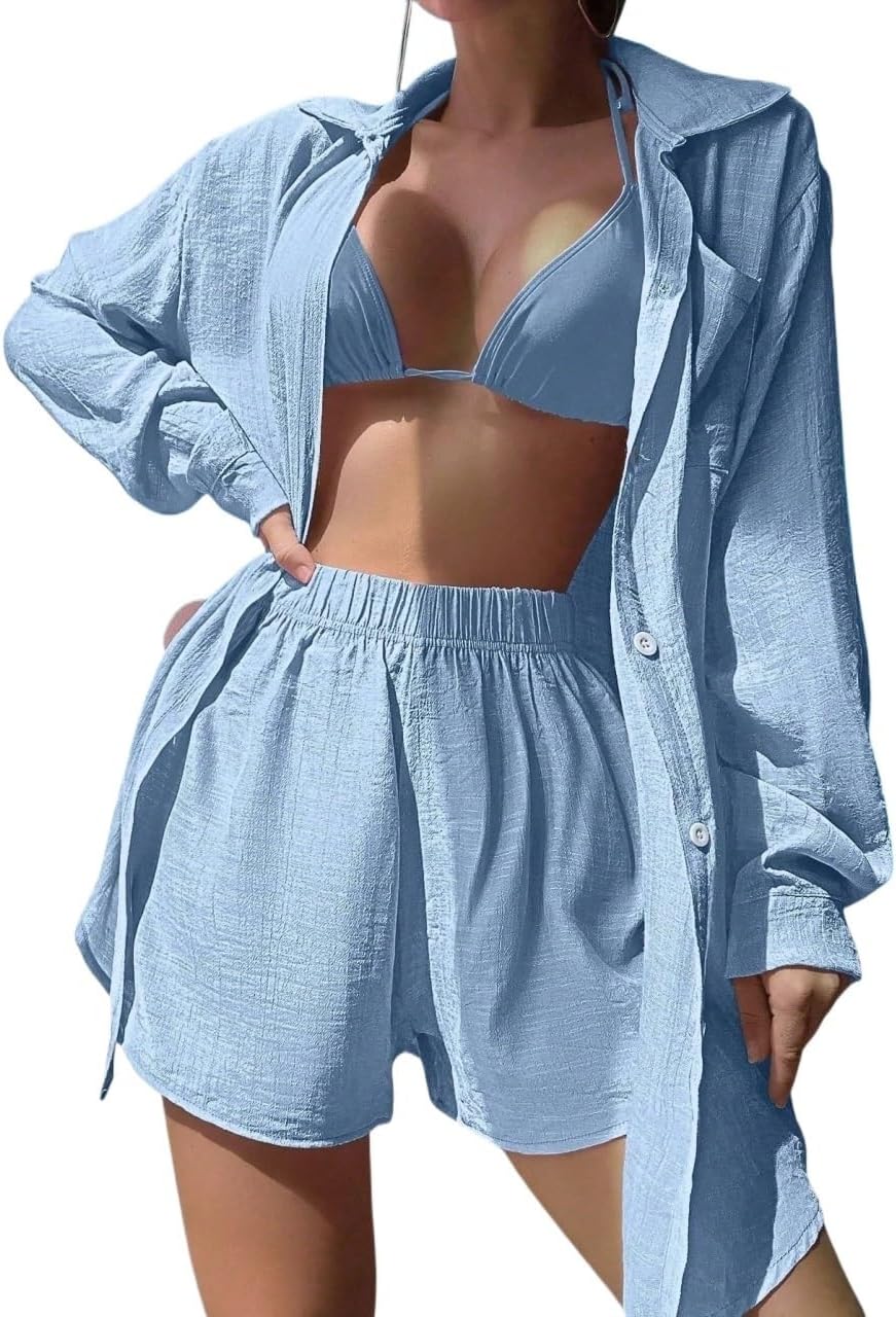 Women's Loose Fit Solid Color Long Sleeve Cover Up For Summer Beach cover ups for swimwear