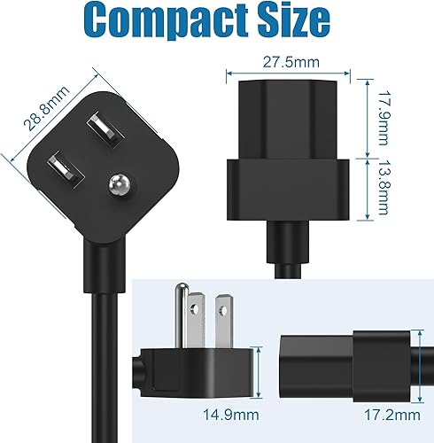 Miniatura 6 de AGVEE Cable de alimentación de TV de 10 pies, en ángulo de 90 grados, en forma de L, listado ETL, cable de alimentación de CA de 3 clavijas de 18
