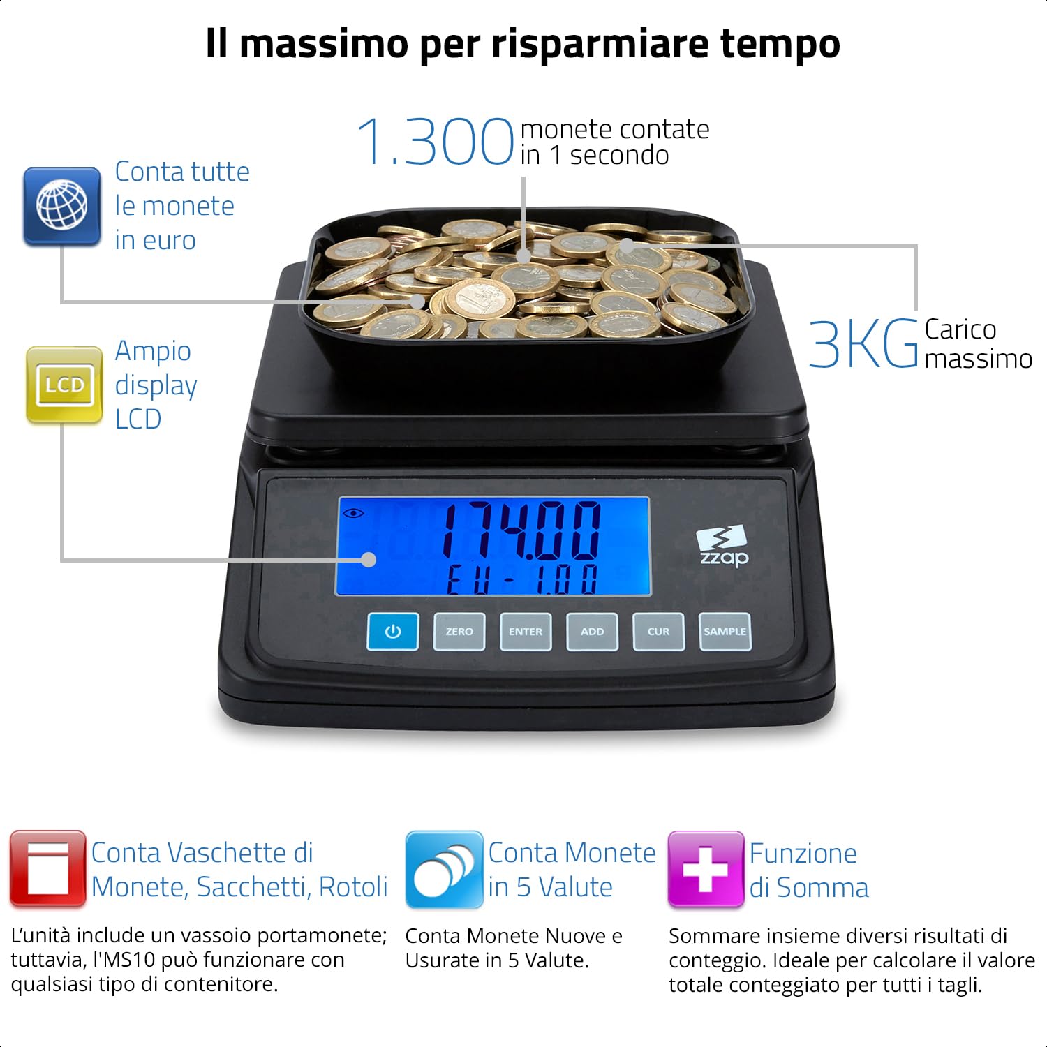 ZZap MS10 Bilancia contamonete - Conta 5 valute e altri articoli, conta 3 kg di monete, display retroilluminato, alimentato a batteria e molto altro!