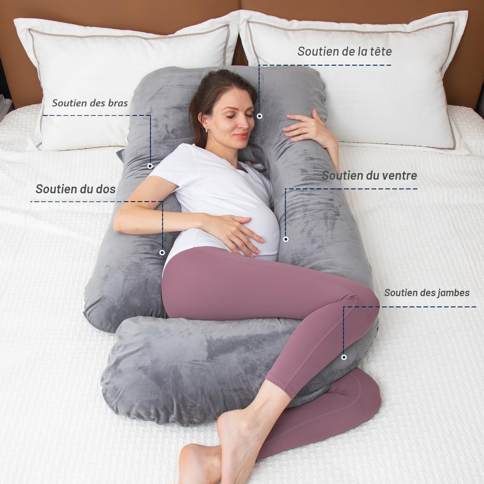 Coussin de Grossesse Complet en Forme de U avec Housse Amovible pour Femmes Enceintes, Coussin de Grossesse pour Dormir, Soutien pour Le Dos, Les Jambes, Le Ventre,(Mousse à mémoire de Forme,Gris)