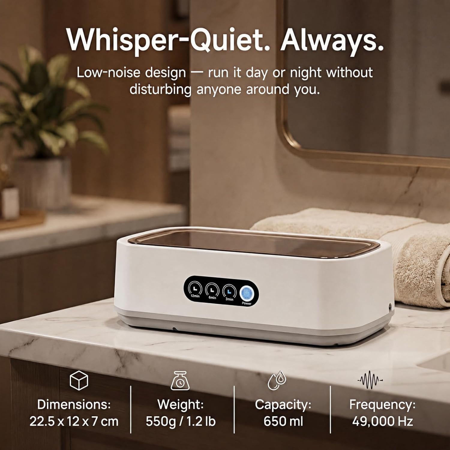 Ultrasonic Jewelry Cleaner 650ml, 50kHz Portable Ultrasonic Cleaner Machine with 3 Timer Modes, Stainless Steel Tank, for Glasses Rings Watch Band Retainer Denture Razor, White
