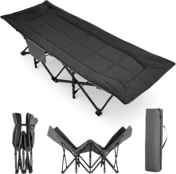 The Fellie 28" Extra Wide Padded Folding Camping Beds for Adults, Portable Outdoor Sleeping Cot for Camping and Travel, Lightweight Tent cot with Cushion and Pillow, Camping Cot for Indoor, Black