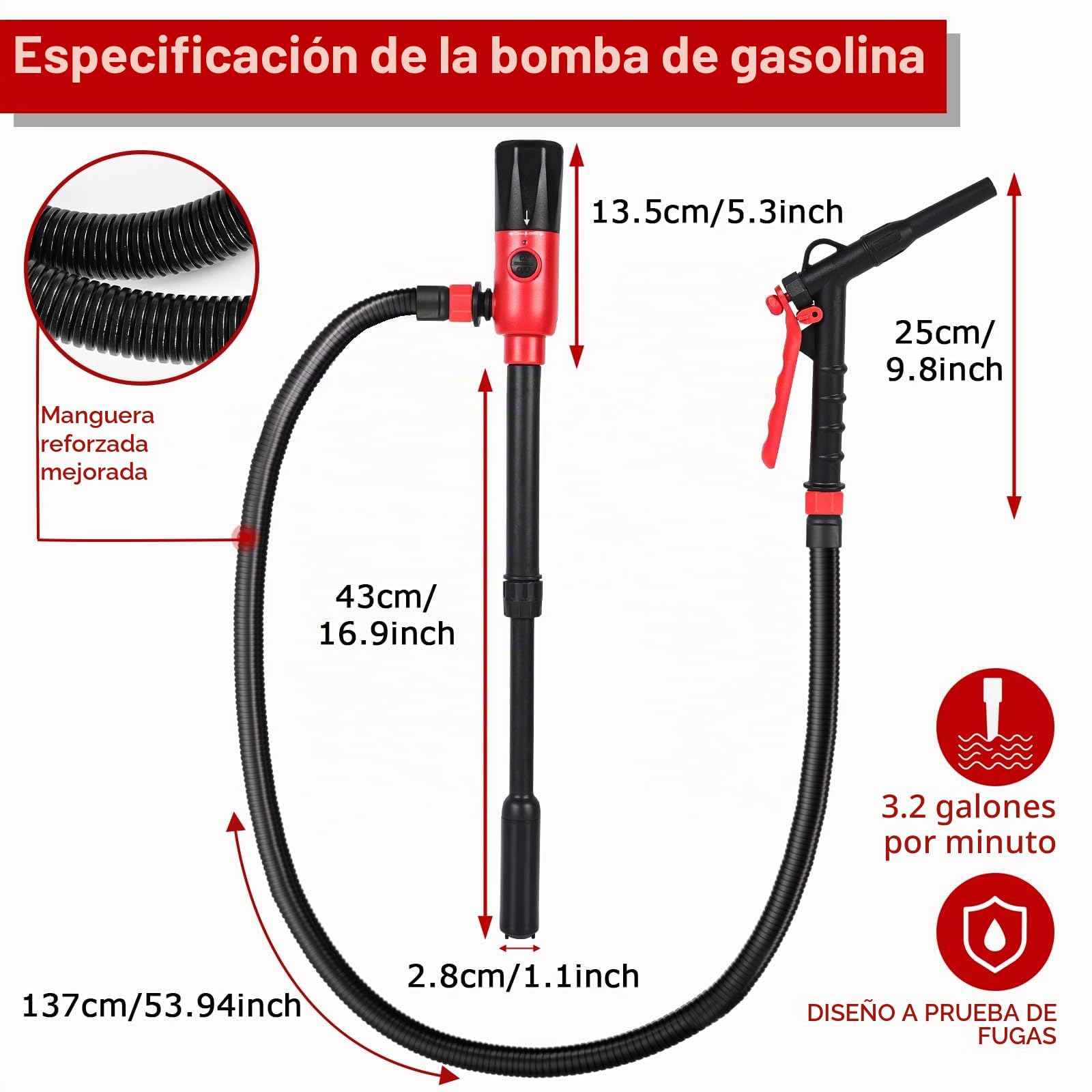 Bomba de combustible eléctrica innhom 3.2 GPM (12 l/min), bomba de transferencia de líquidos, bomba de gasolina para gasolina y diésel, bomba portátil con manguera y control de flujo (negro)