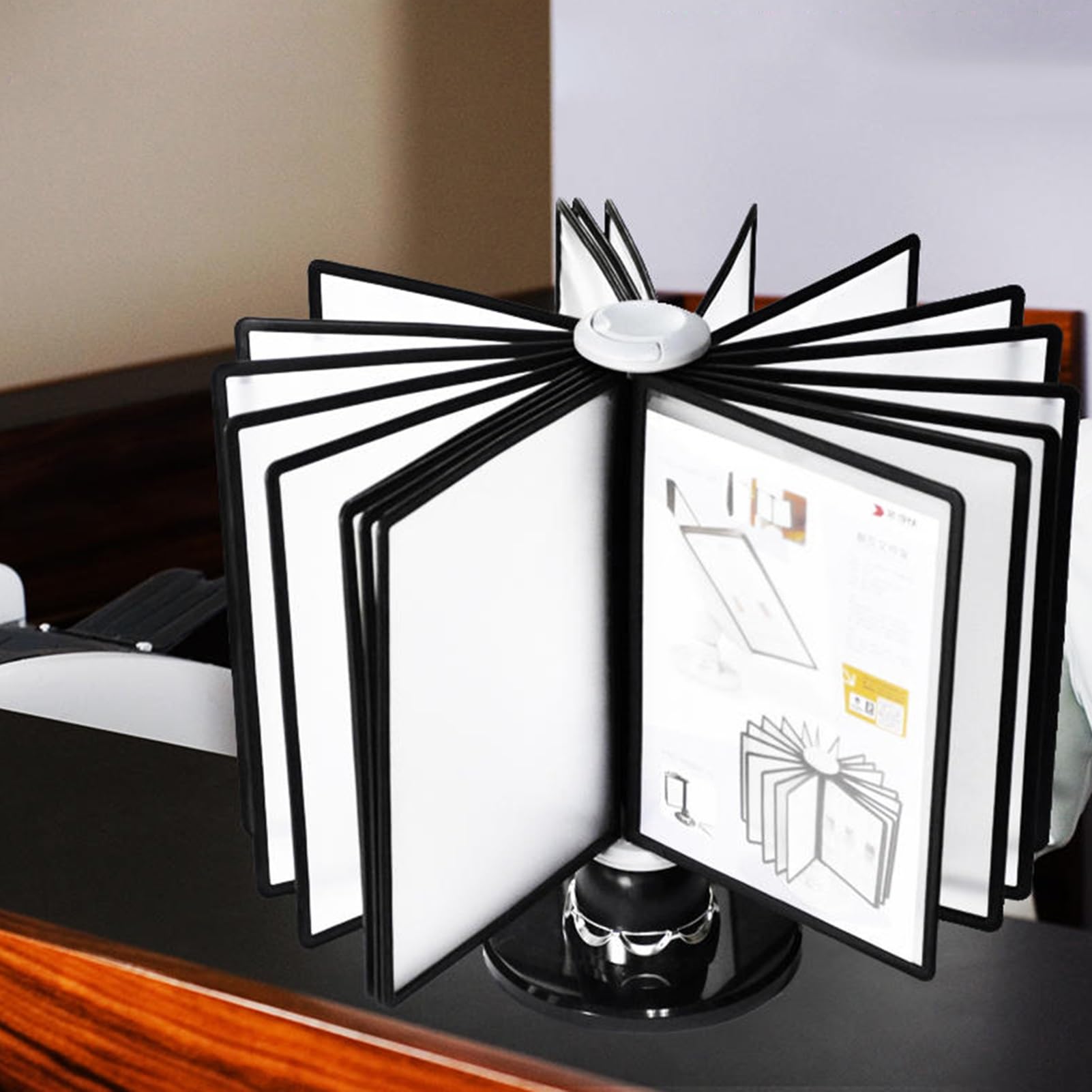 JYBNBBE Rotatable Desktop Document Holding Rack, Desk Reference Organizer, 20 Dual-sided Panels, Letter-size, Desktop Flip Present Document Shelf, A4 Size Documents Poster Rotating Insert, Black Base