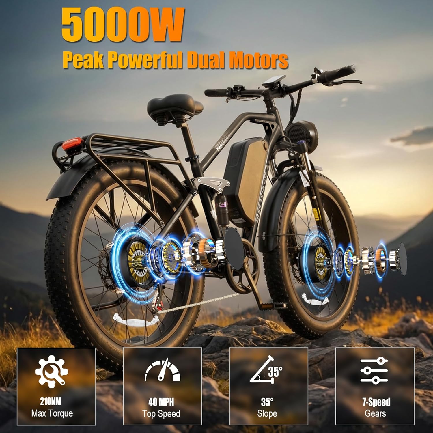 5000W AWD Dual Motor Electric Bike for Adults 40 MPH/30 MPH Electric Motorcycle 52V/48V 30Ah/20Ah Removable Battery with 26" Fat Tire Dirt Bike, Full Suspension, Dual Hydraulic Disc Brakes