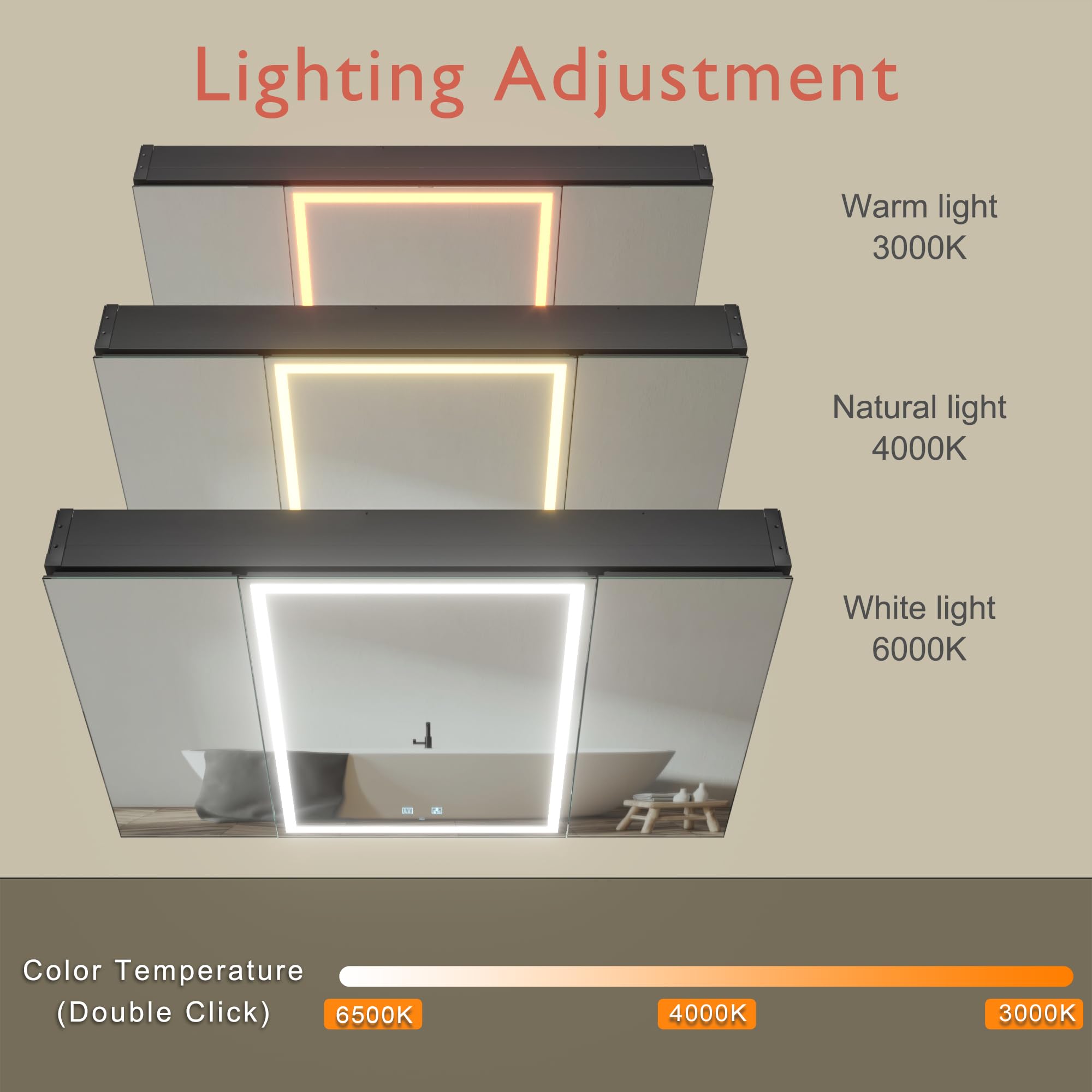 KWW LED Beleuchtetes Badezimmer Medizin Kabinett mit Spiegel, Farbtemperatur Einstellbar, Anti-Nebel Dimmbare Lichter, Steckdosen für USBs (3 Türen–100×70)