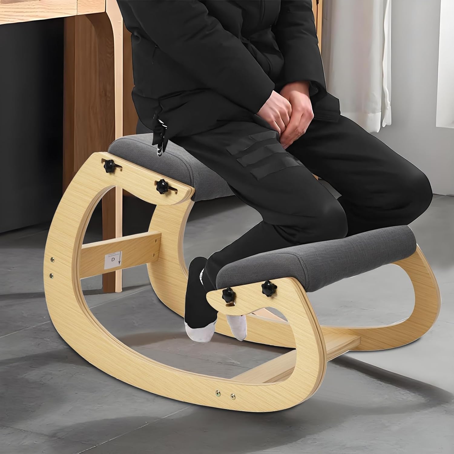 Ergonomic Kneeling Chair, Adjustable Rocking Posture Stool Seat, Wooden Knee seat with Soft Cushions, Natural Relief for Neck and Back Pain, Home Office Chairs, Max Load 258 lbs 1 Set