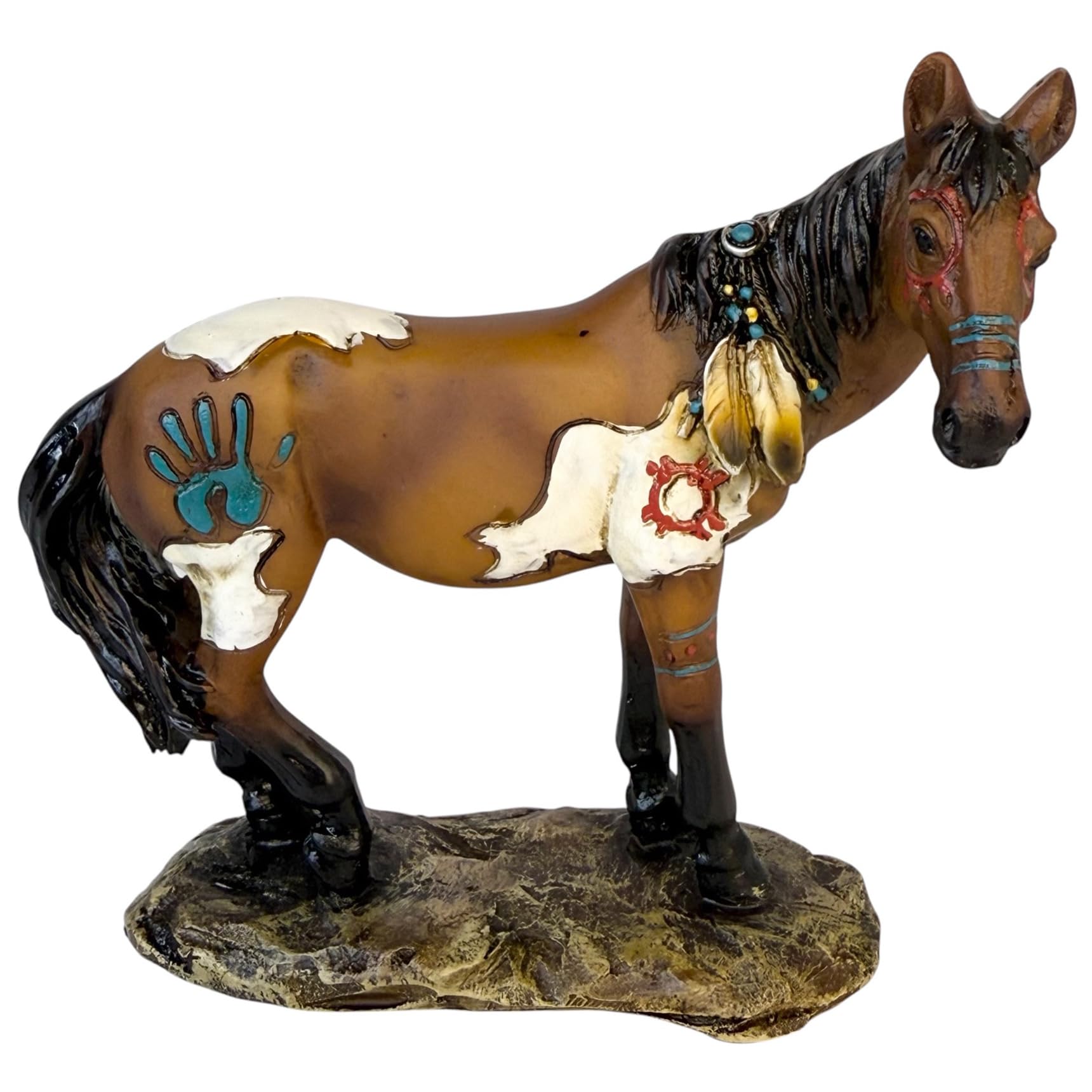 Top Brass Painted Spirit Horse Figurine – 4.25” Tall Resin Statue with Paint Symbols, Handprint & Feathers – Rustic Western Mustang Pony Decor Collectible