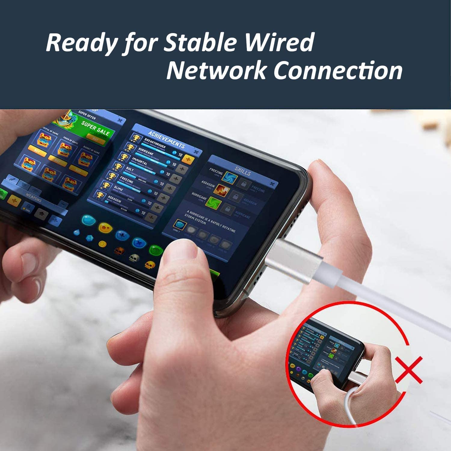 Lightning to LAN Network Adapter for Phone Pad, Phone Adapter, 3.3ft/1m Cable