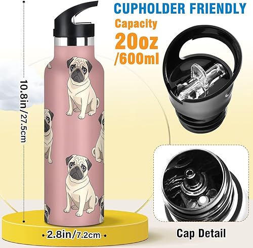 Miniatura 2 de Kids Water Bottle with Straw 20 Oz, Kids Stainless Steel Vacuum Insulated Water Bottle for Travel or School, BPA-Free, Beige Pugs Pink